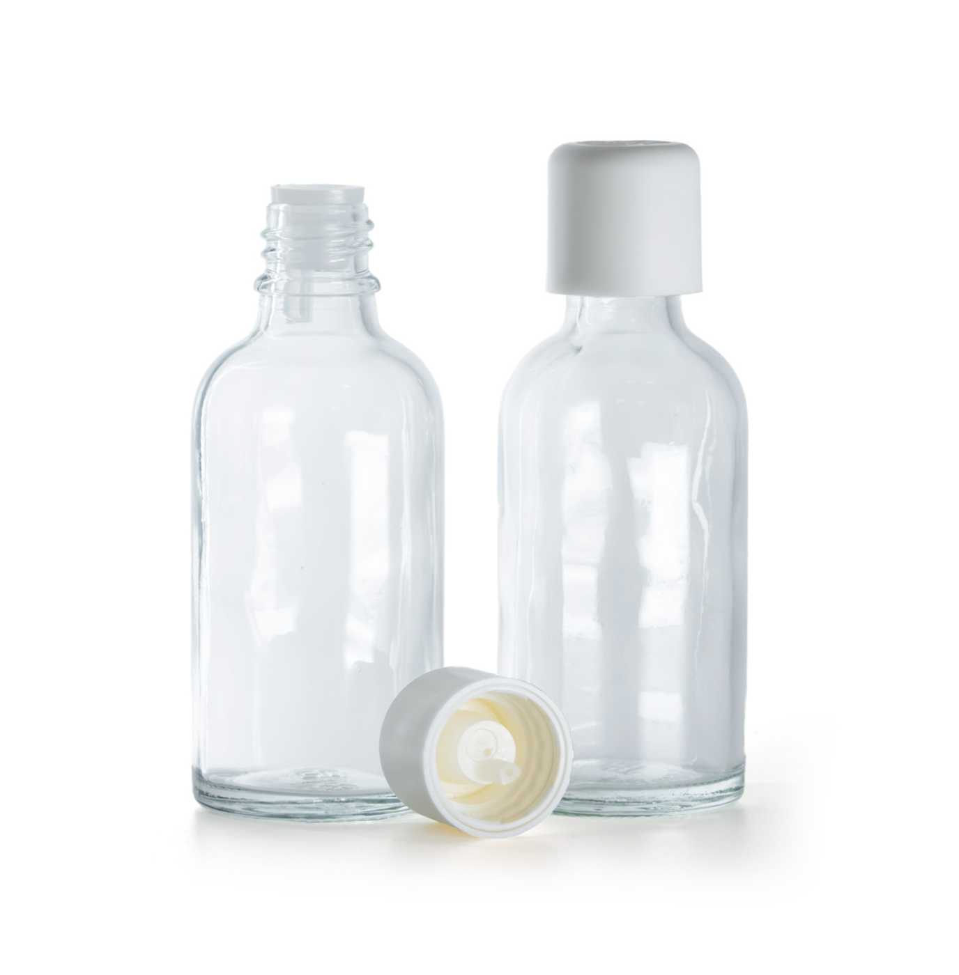 Butelka szklana, przezroczysta, biała nakrętka z zabezpieczeniem, 50 ml