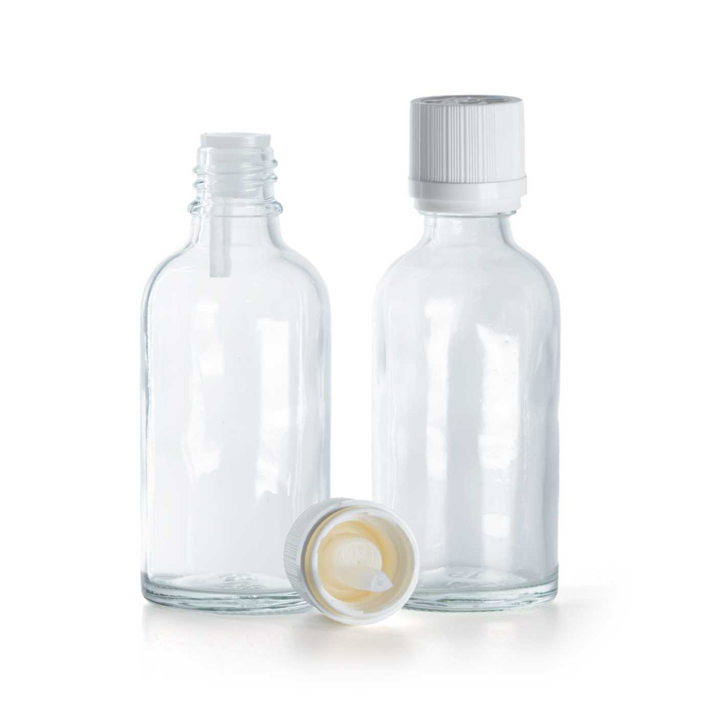 Butelka szklana, przezroczysta, biała nakrętka ryflowana z zabezpieczeniem, 50 ml