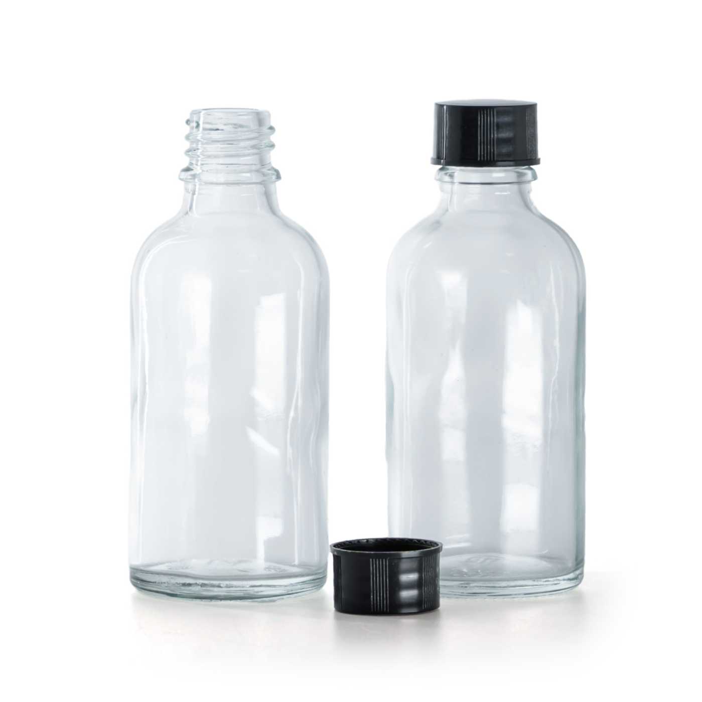 Butelka szklana, przezroczysta, nakrętka czarna, 50 ml