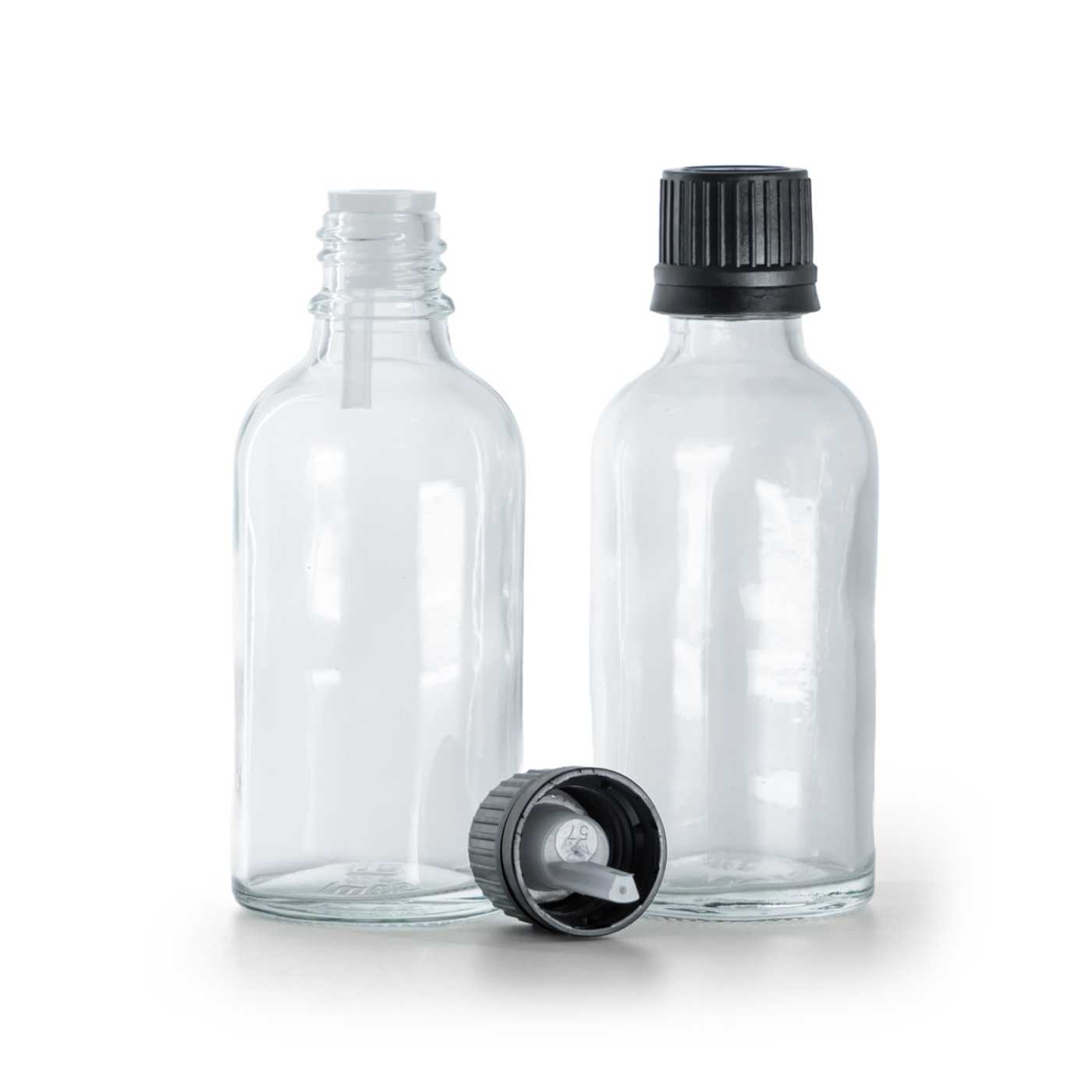 Butelka szklana, przezroczysta, czarna nakrętka z kroplomierzem, 50 ml