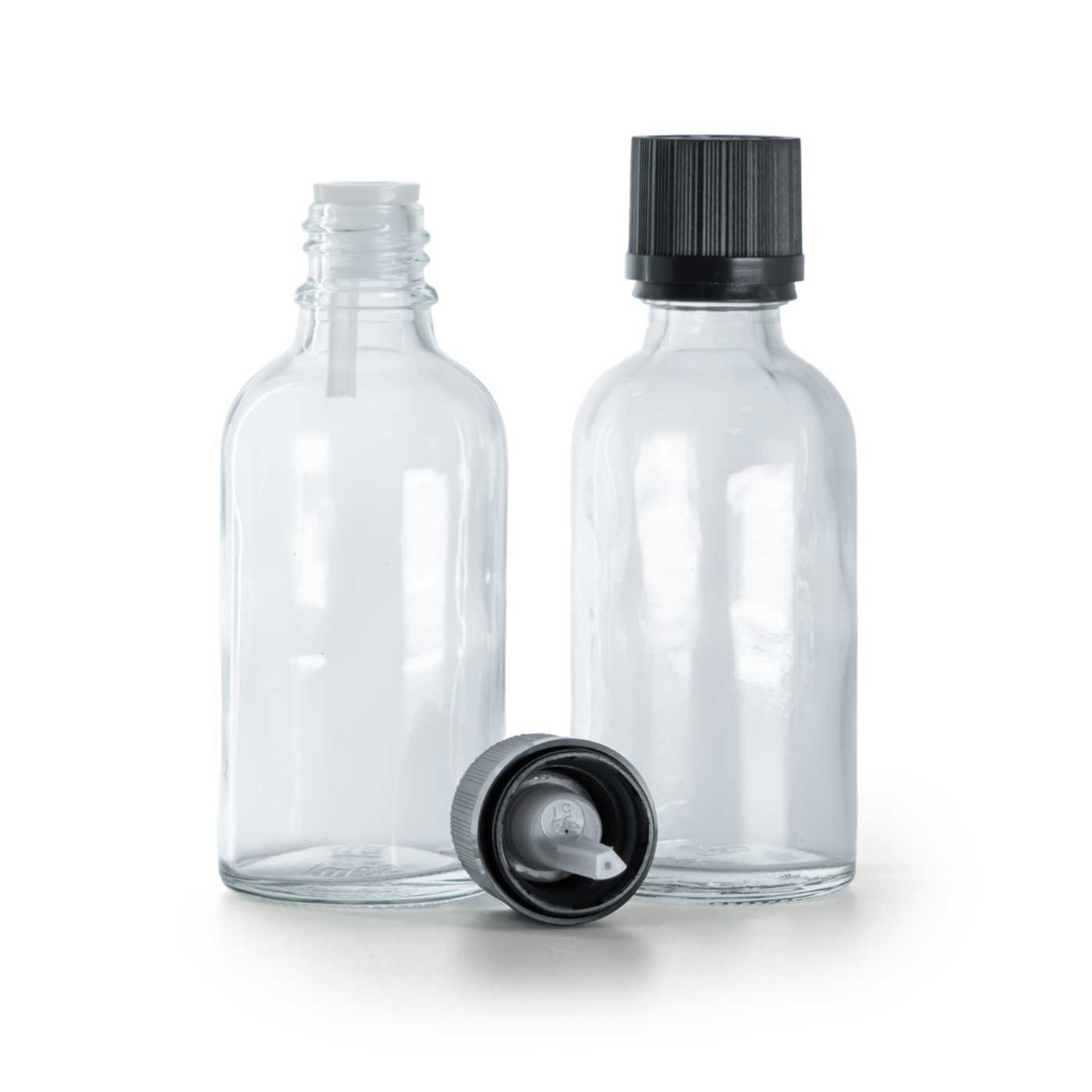 Flacon en verre transparent, bouchon de sécurité noir à vis, 50 ml