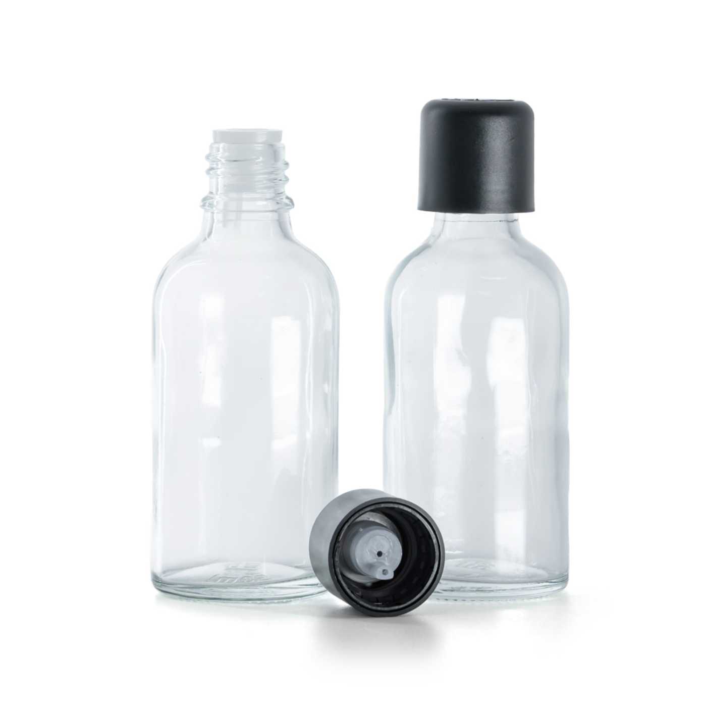 Butelka szklana, przezroczysta, czarna nakrętka z zabezpieczeniem, 50 ml