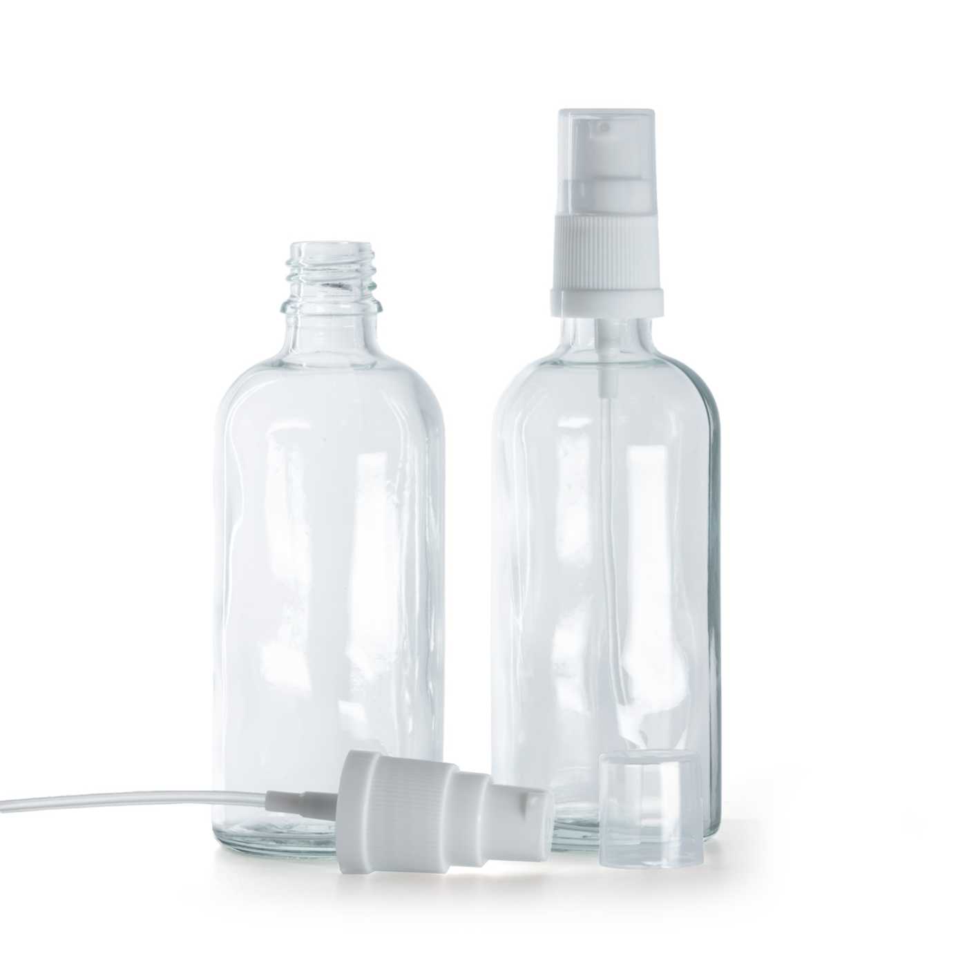 Butelka szklana, przezroczysta, biały dozownik, 100 ml