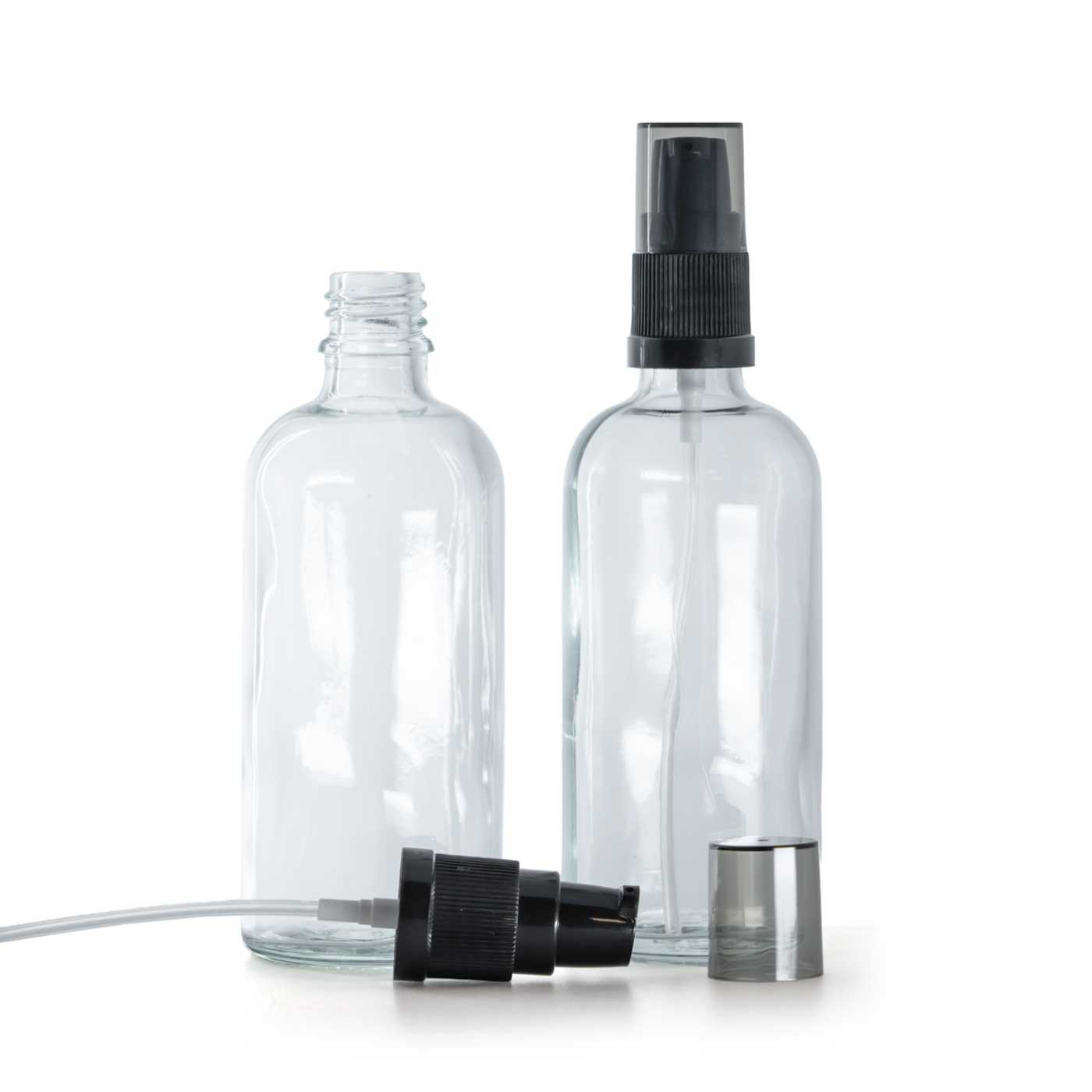 Flacon en verre transparent, distributeur de crème avec surcapuchon fumé, 100 ml