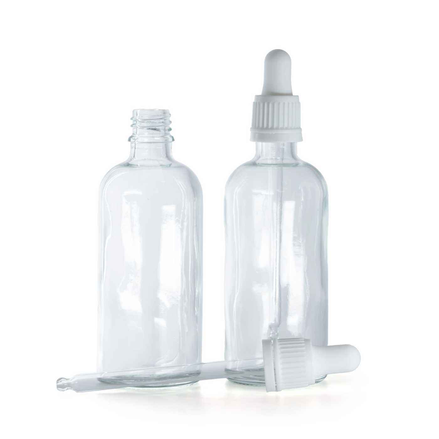 Butelka szklana przezroczysta, kroplomierz biały, 100 ml
