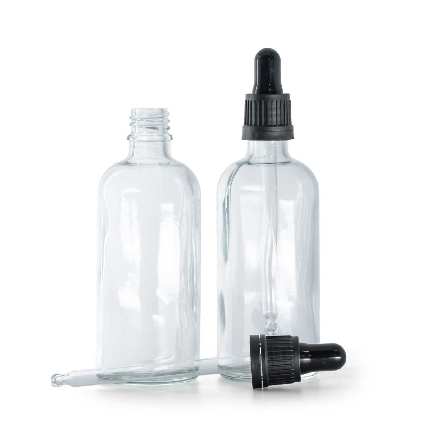 Butelka szklana, przezroczysta, czarny kroplomierz, 100 ml
