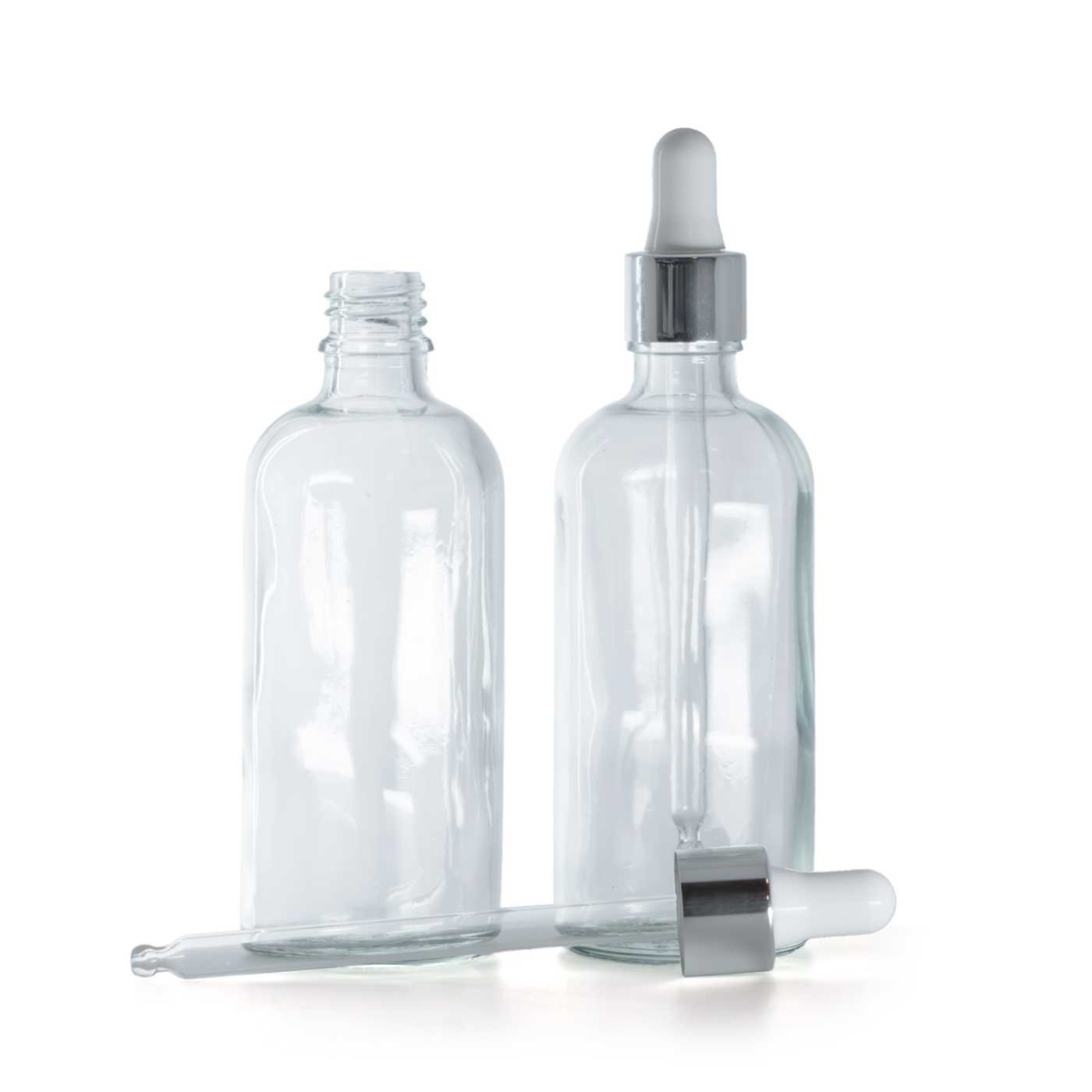 Butelka szklana, przezroczysta, kroplomierz srebrny, 100 ml