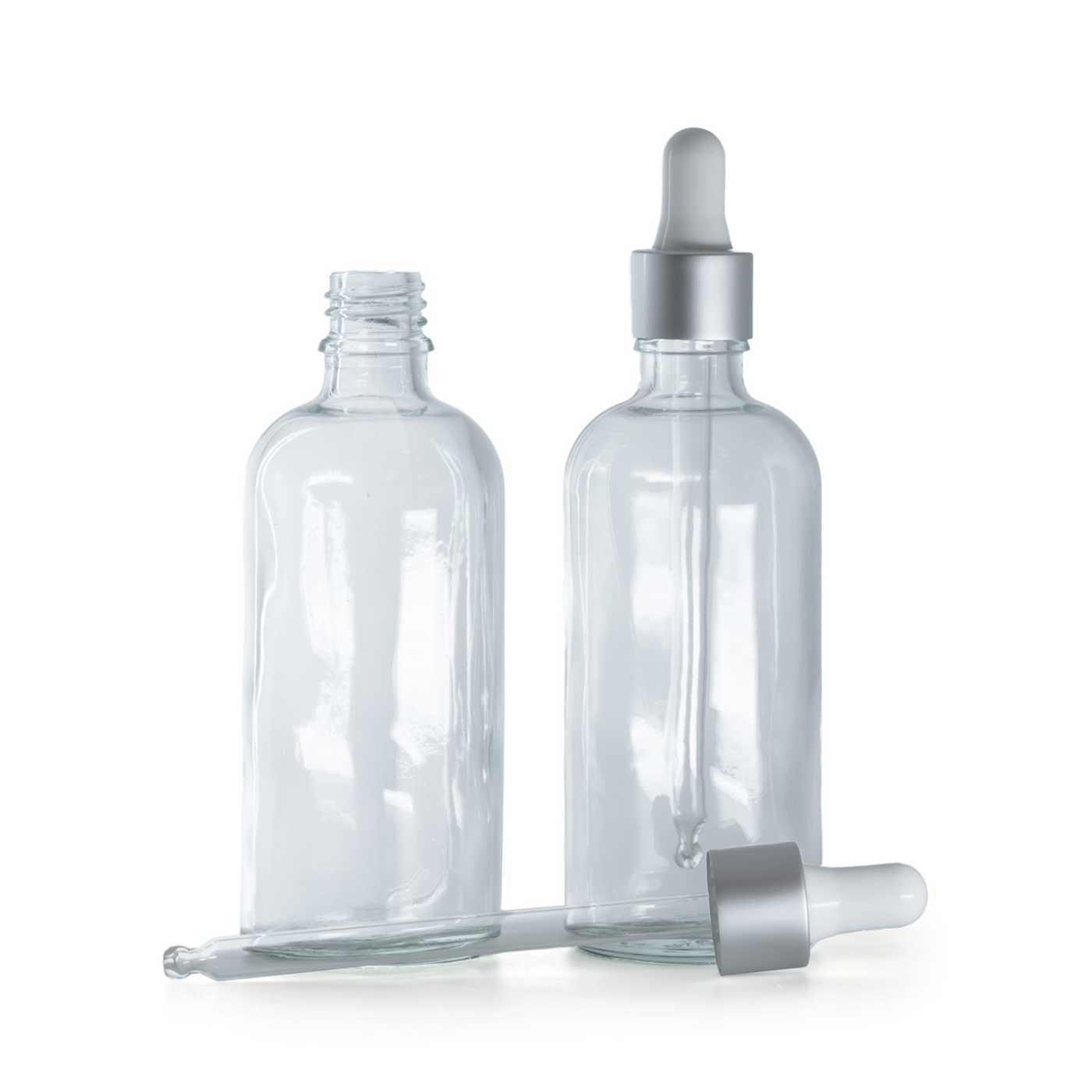 Butelka szklana, przezroczysta, kroplomierz srebrny matowy, 100 ml