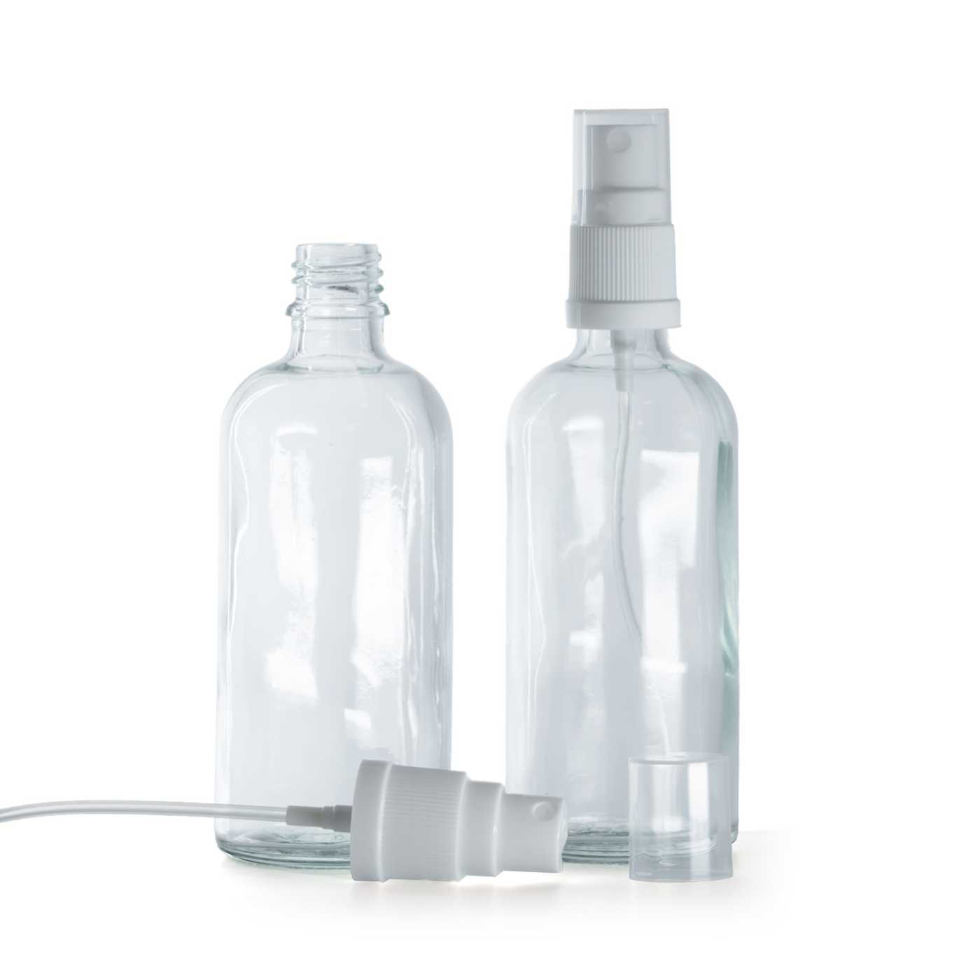 Flacon en verre transparent avec pompe spray blanche 100 ml
