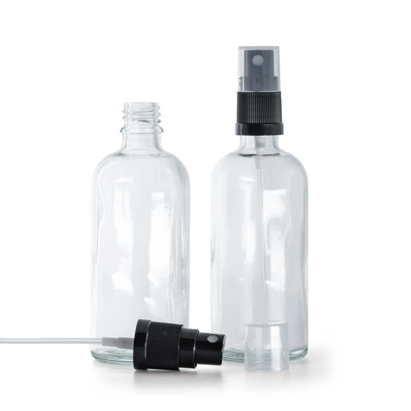Szklana butelka apteczna, przezroczysta, czarny atomizer, 100 ml