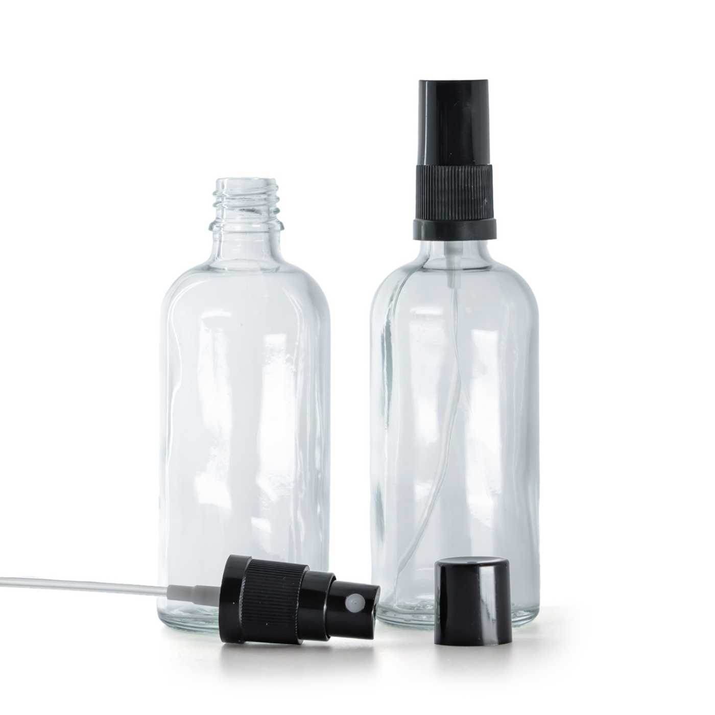 Butelka szklana, przezroczysta, czarny atomizer, czarny kapturek, 100 ml