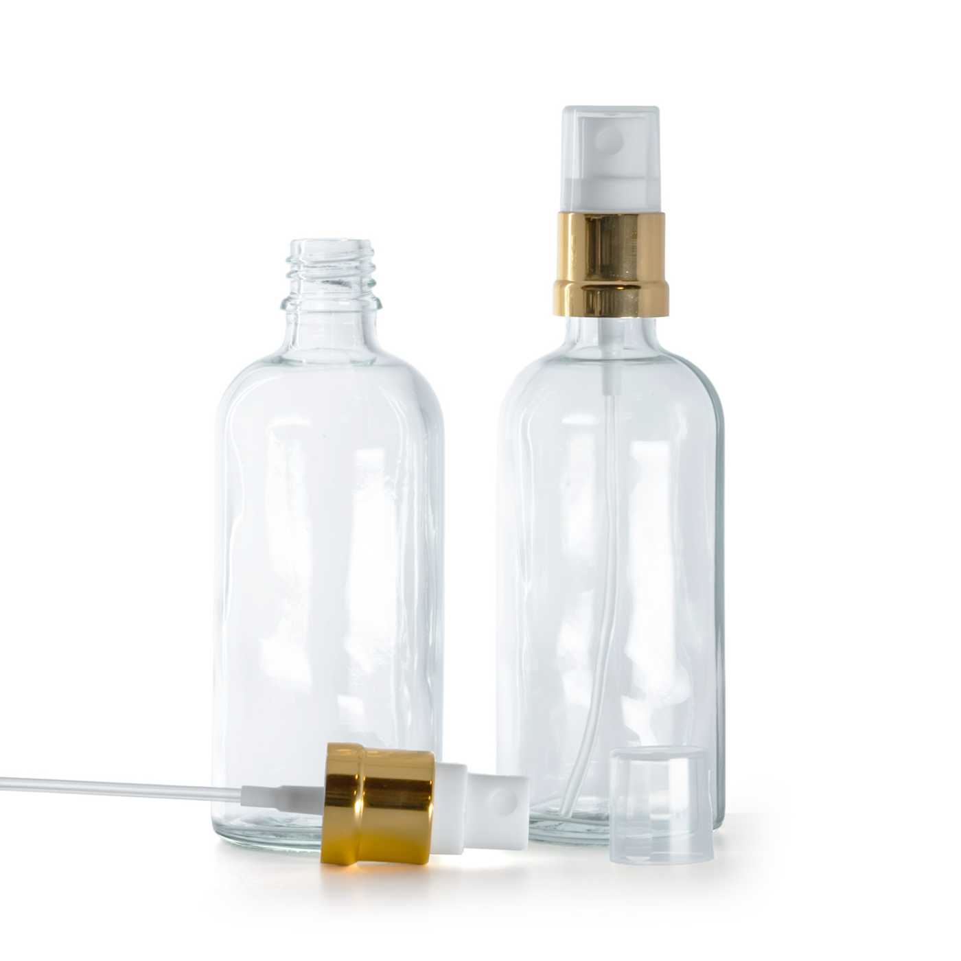 Butelka szklana, przezroczysta, biało-złoty atomizer, 100 ml