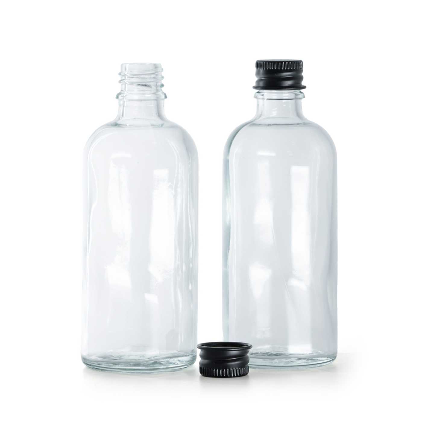 Butelka szklana, przezroczysta, czarna nakrętka aluminiowa, 100 ml