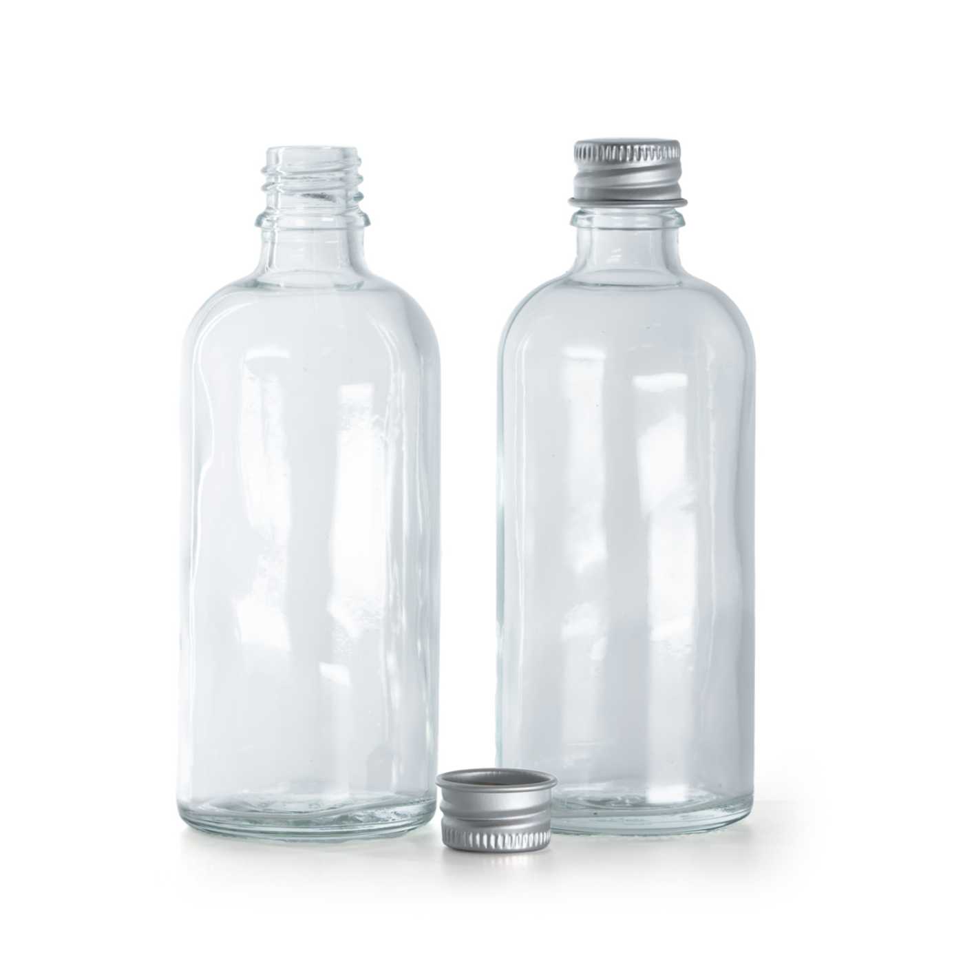 Butelka szklana przezroczysta, srebrna nakrętka aluminiowa, 100 ml