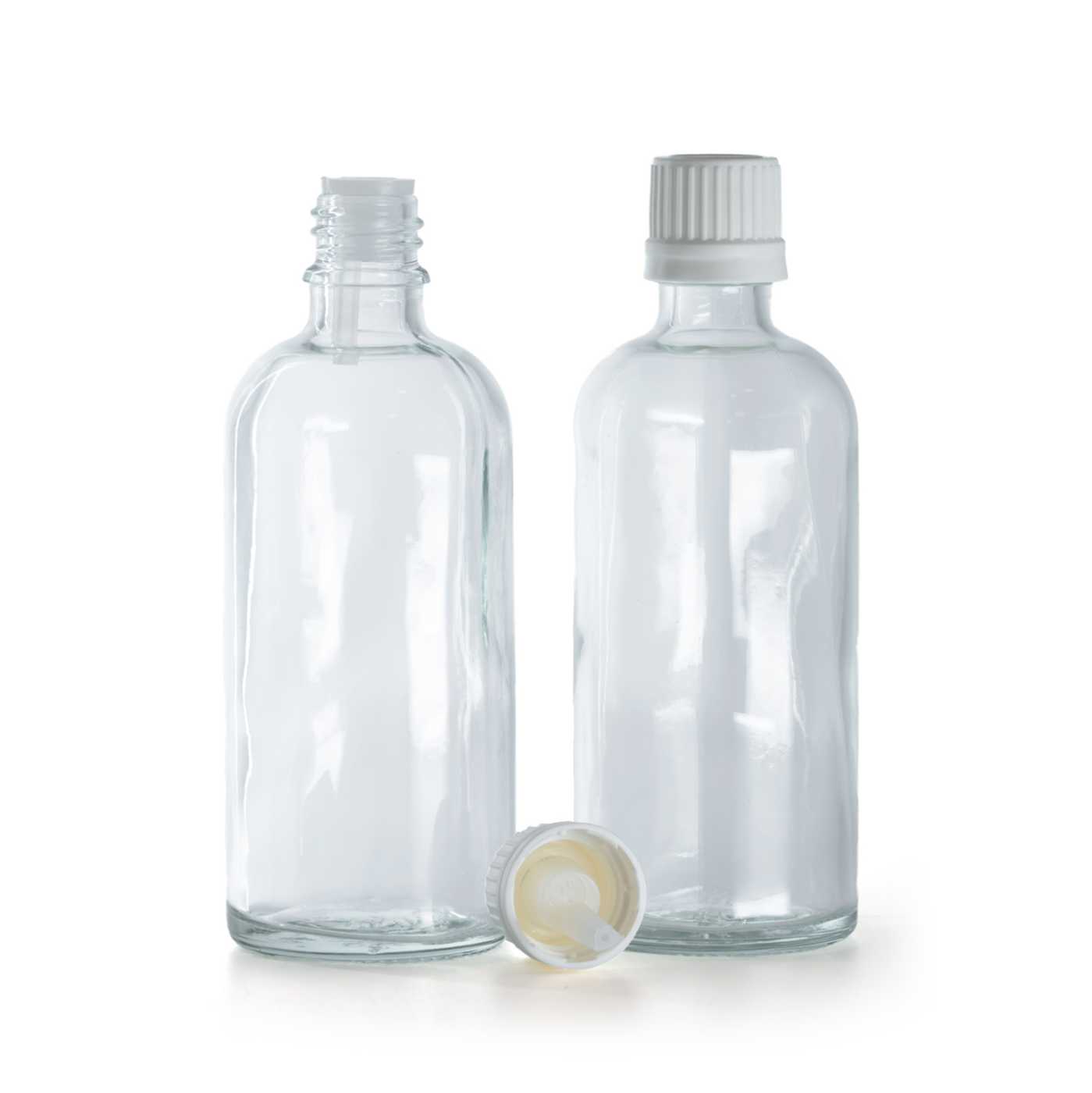 Butelka szklana, przezroczysta, biała nakrętka z kroplomierzem, 100 ml
