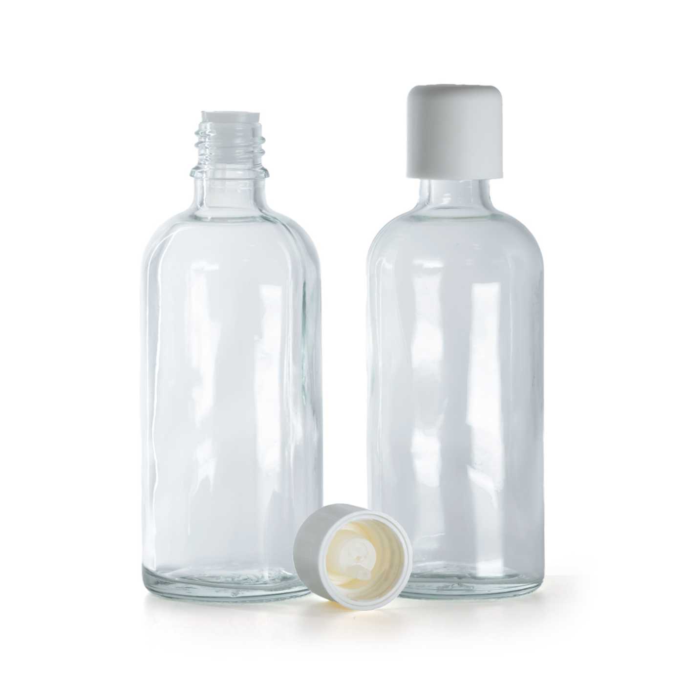 Butelka szklana, przezroczysta, biała nakrętka z zabezpieczeniem, 100 ml