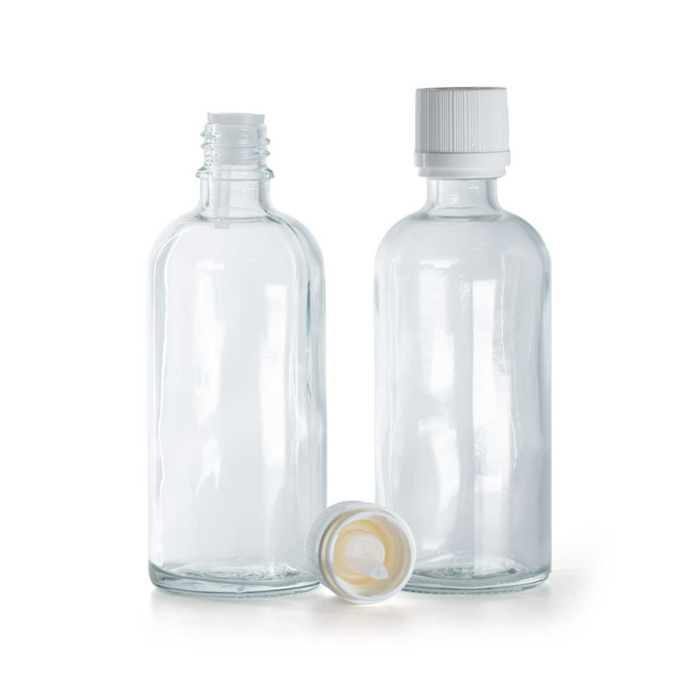 Butelka szklana, biała karbowana nakrętka z zabezpieczeniem, 100 ml