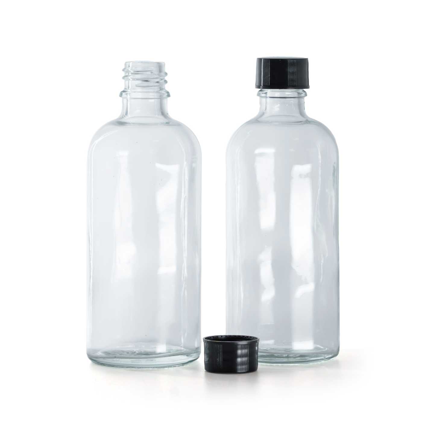 Butelka szklana, przezroczysta, czarna nakrętka, 100 ml