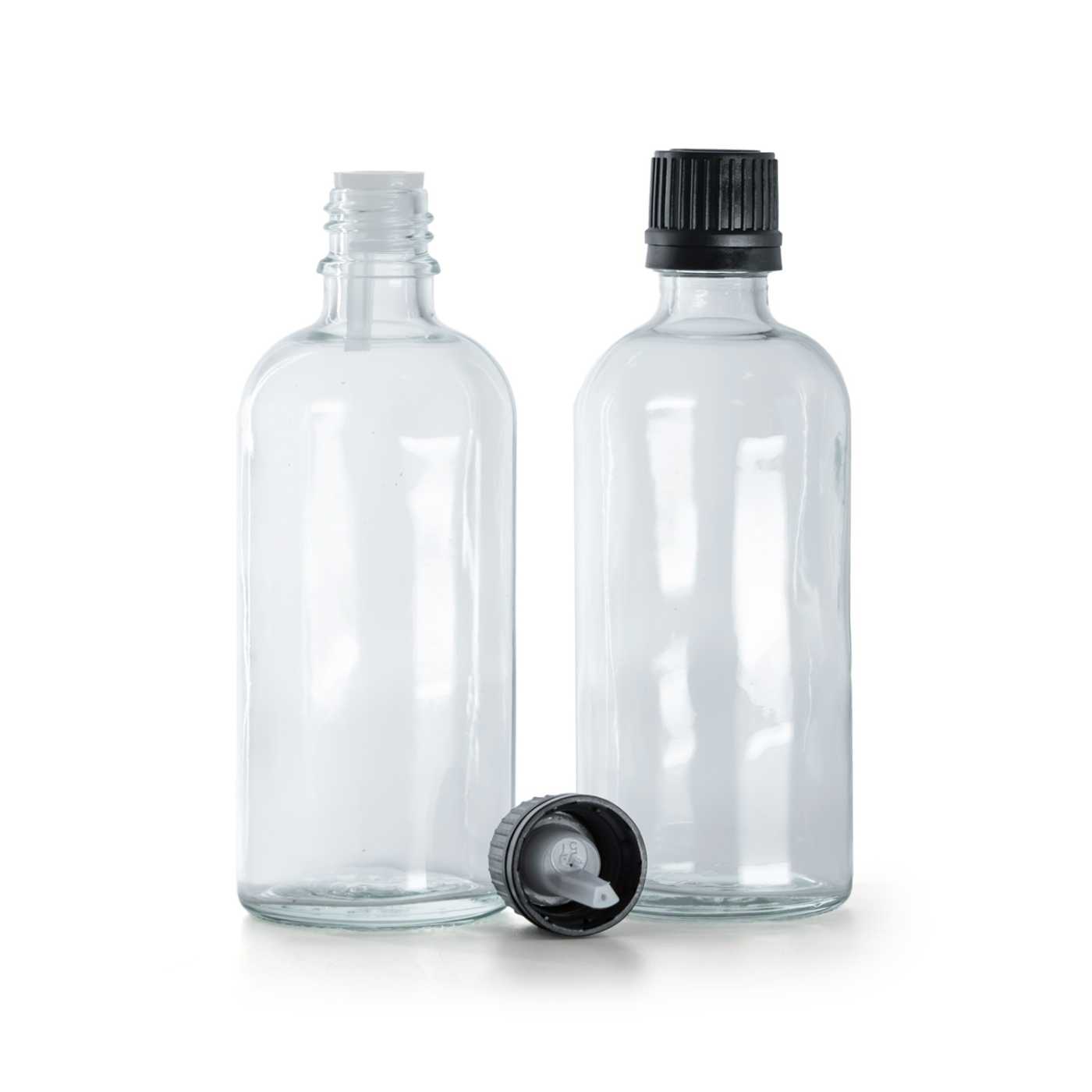 Butelka szklana, przezroczysta, czarna nakrętka z kroplomierzem, 100 ml