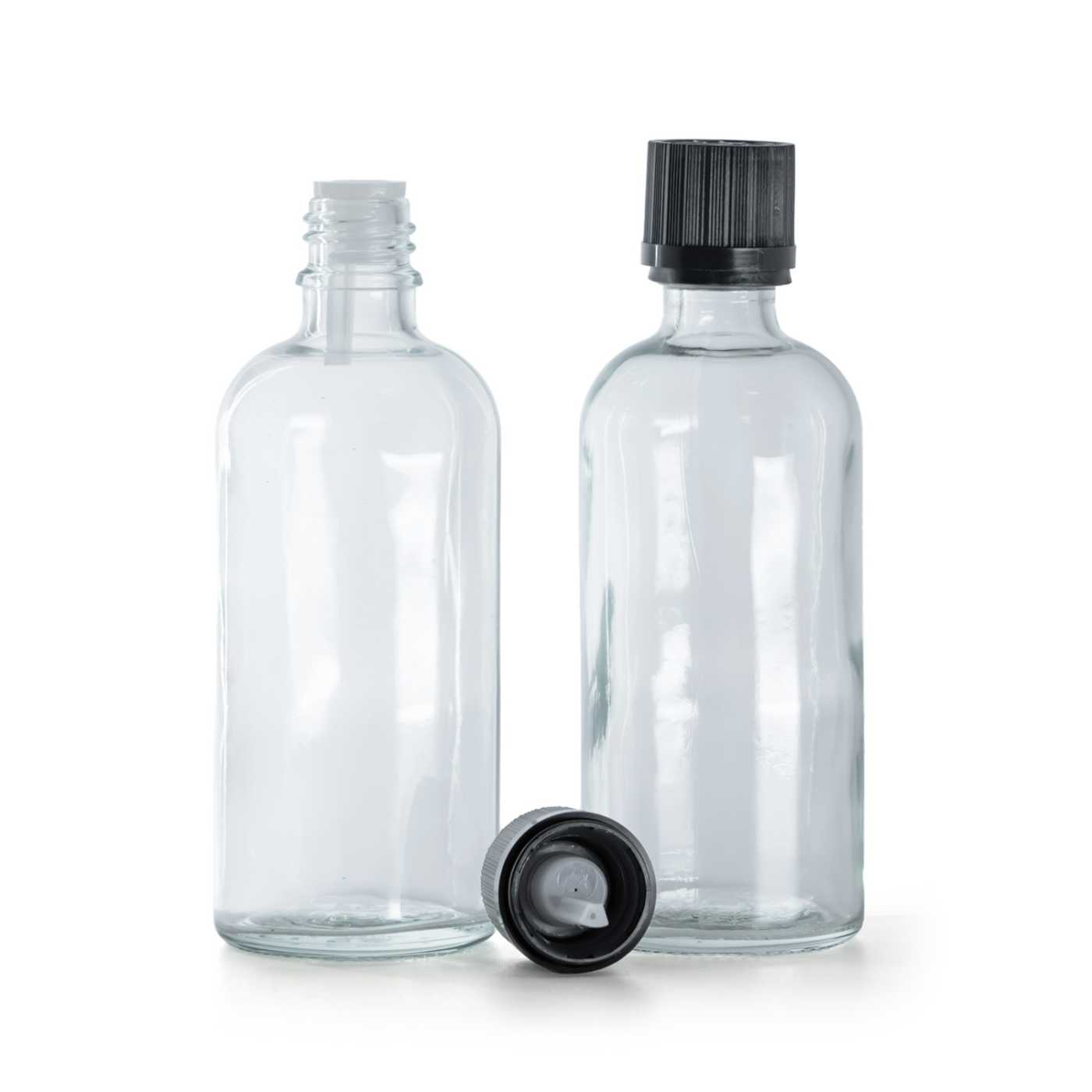 Flacon en verre transparent, bouchon de sécurité noir avec compte-gouttes, 100 ml
