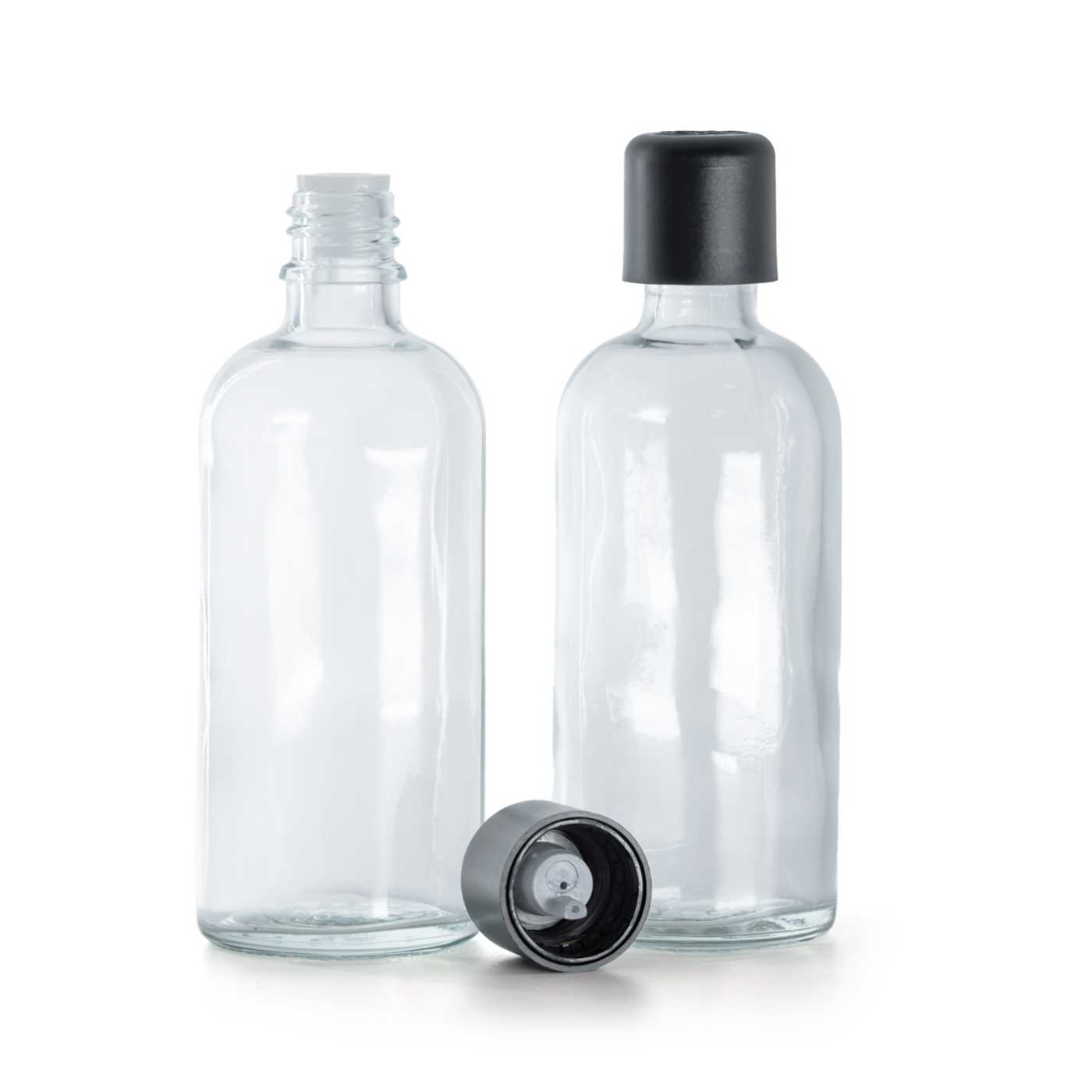 Butelka szklana, przezroczysta, czarna nakrętka z zabezpieczeniem, 100 ml
