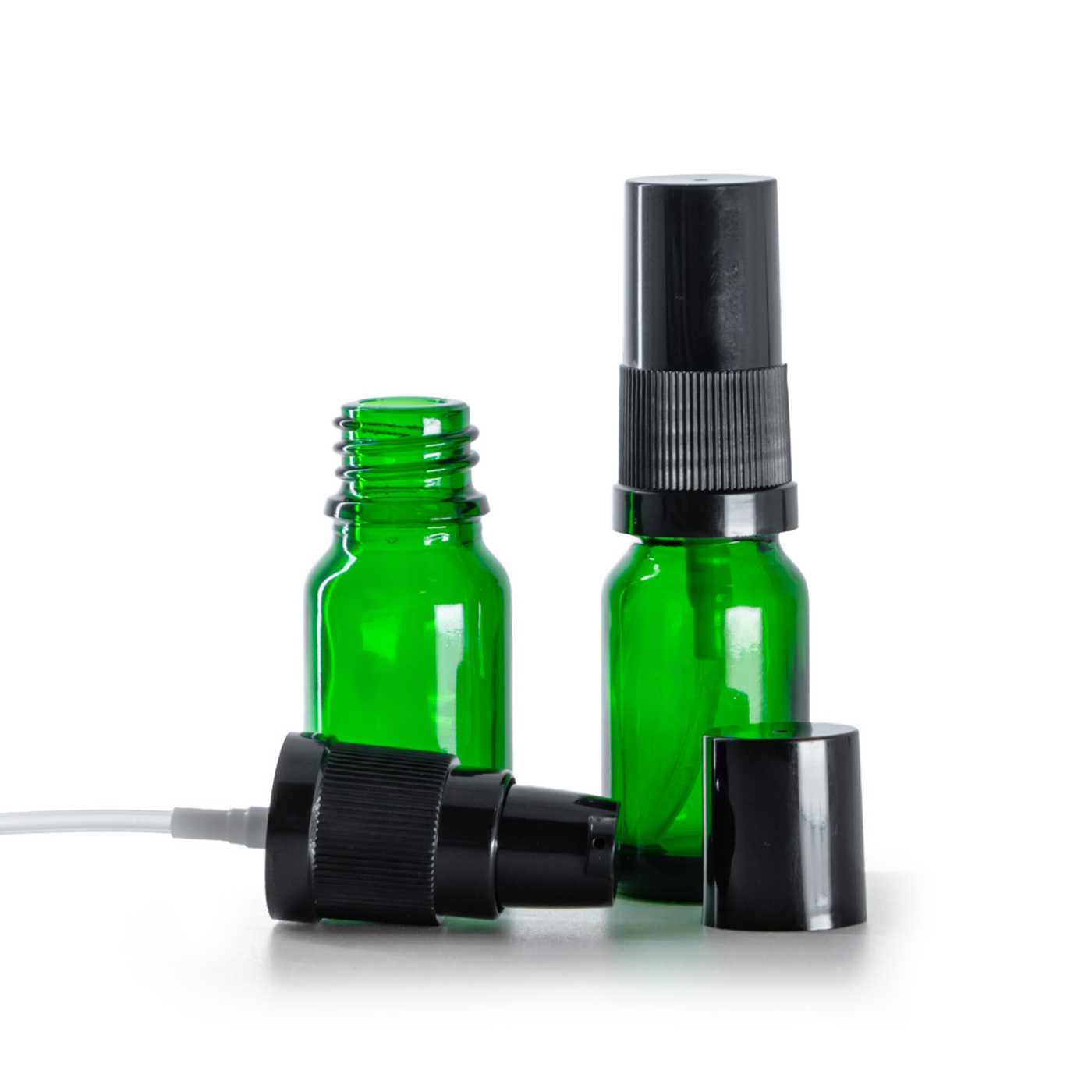 Zöld üvegpalack fekete krémadagoló pumpával és fekete kupakkal, 10 ml