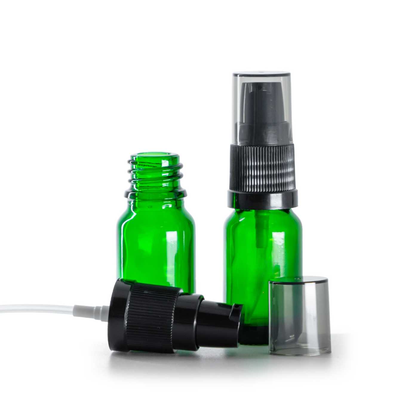 Flacon en verre vert, distributeur de crème noir avec surcapuchon fumé, 10 ml
