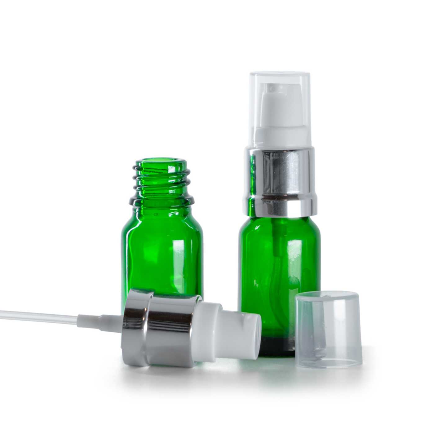 Zöld üvegpalack, fényes fehér-ezüst adagoló, 10 ml