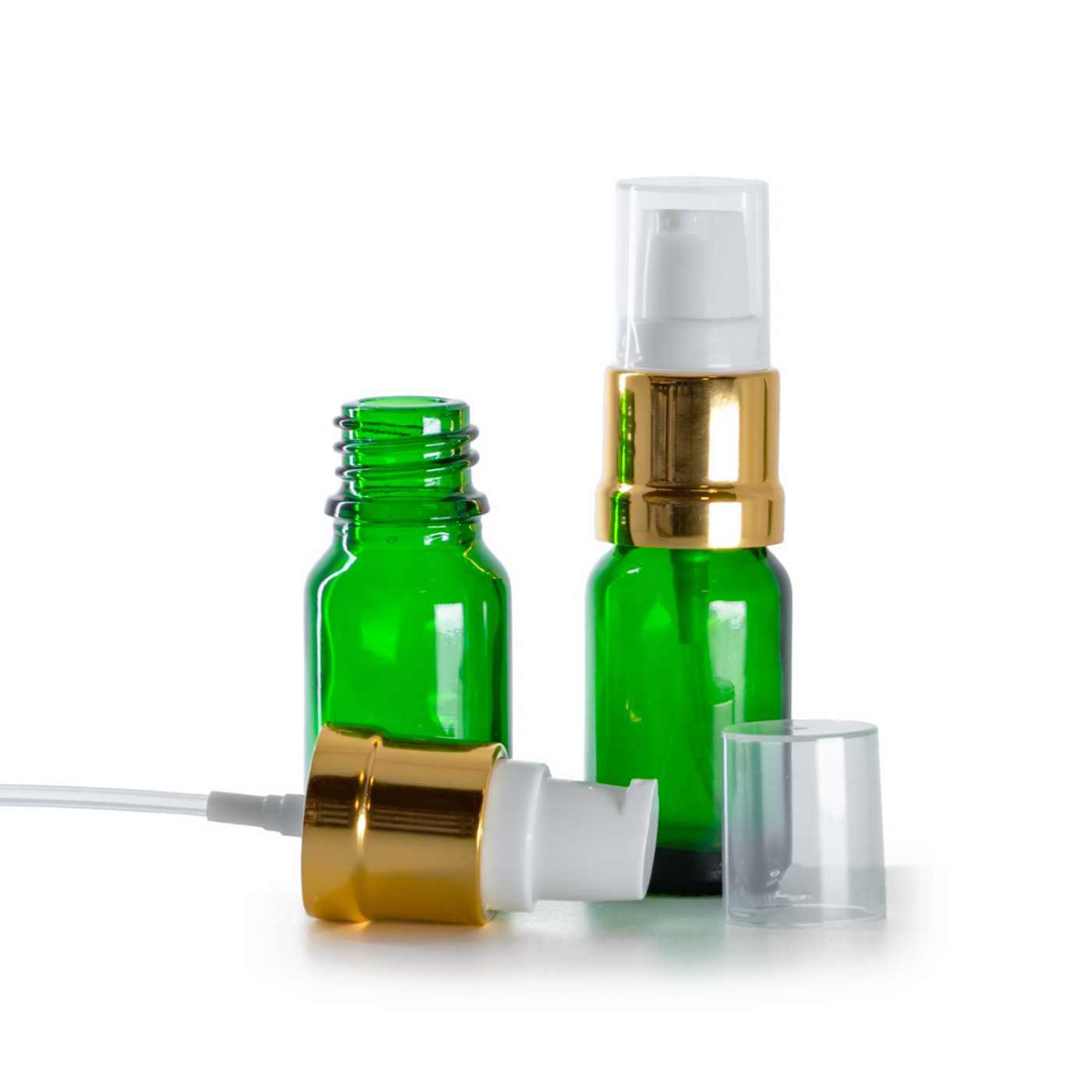 Zöld üvegpalack, fényes fehér-arany adagoló, 10 ml
