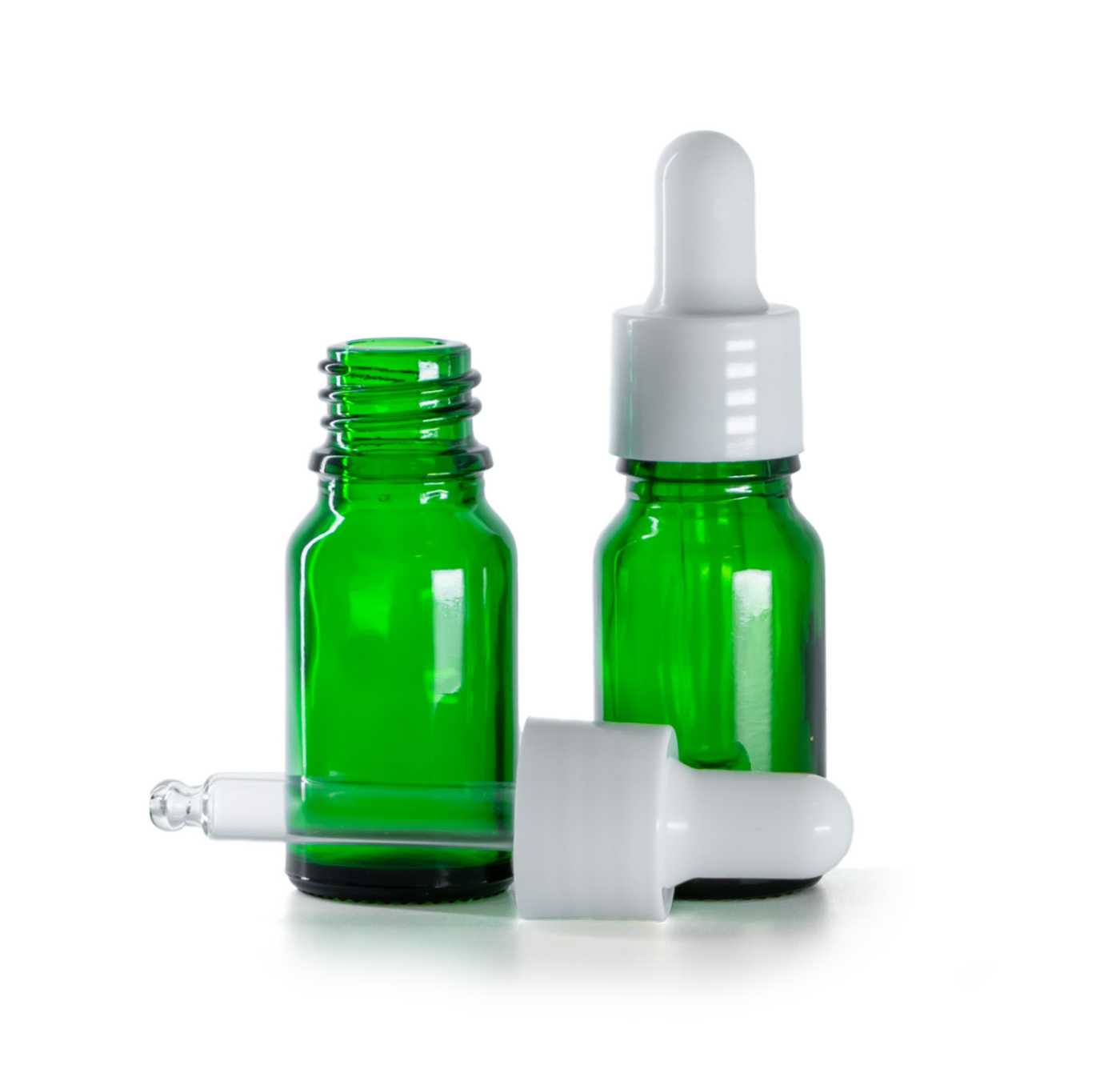 Zöld üvegpalack fényes fehér cseppentővel, 10 ml