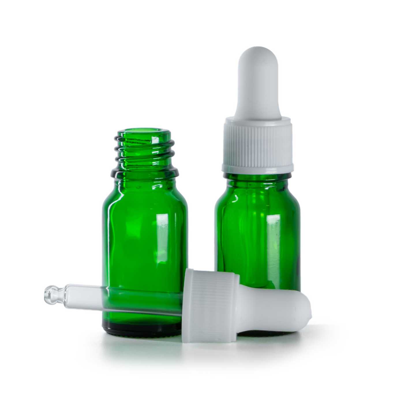 Zöld üvegpalack matt fehér pipettás kupakkal, 10 ml