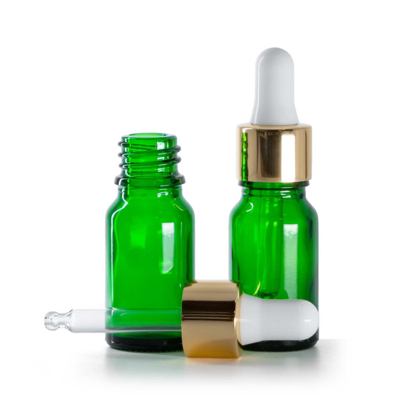 Zöld üvegpalack fehér-arany pipettás cseppentővel, 10 ml