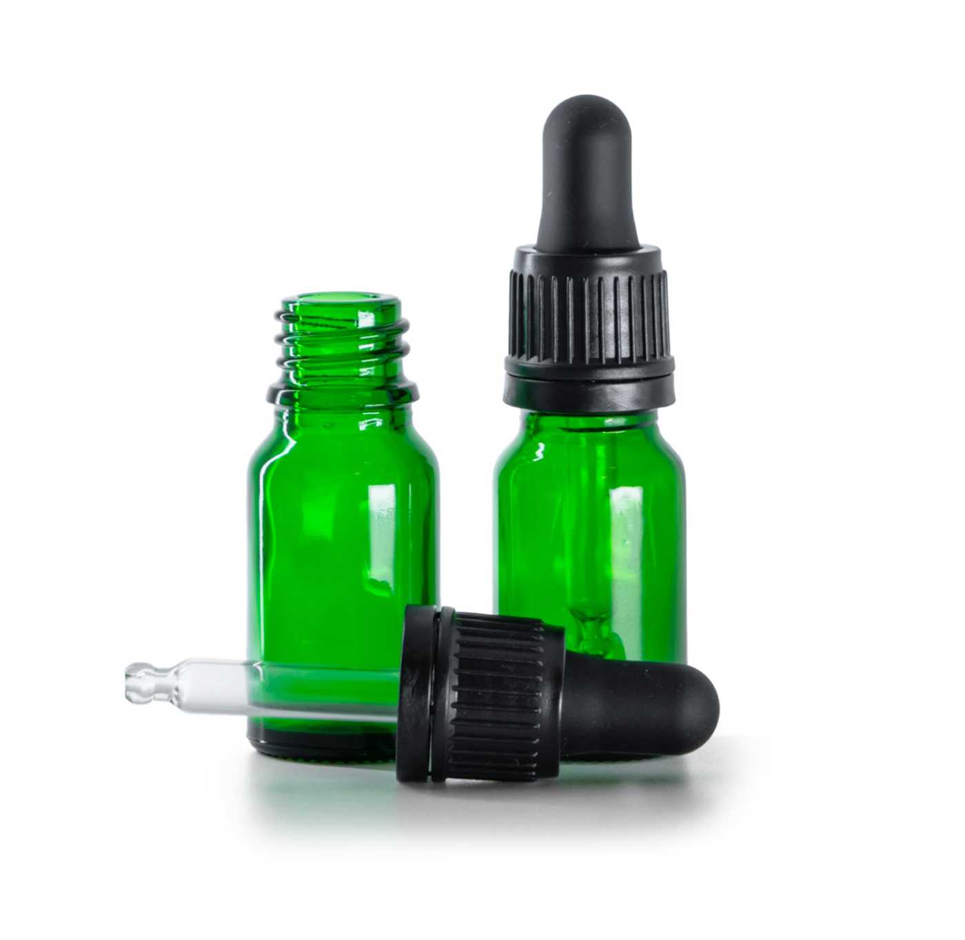 Zöld üvegpalack, fekete garanciazáras cseppentő, 10 ml
