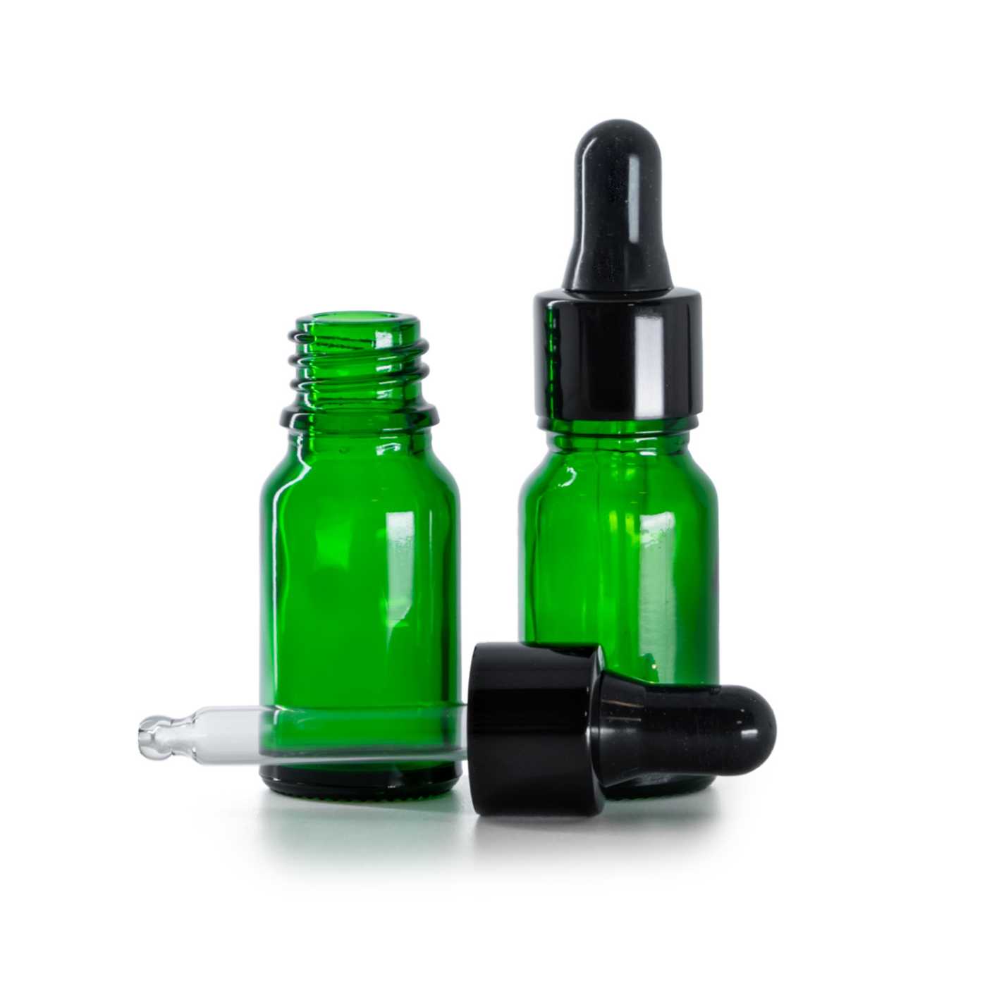 Zöld üvegpalack, fényes fekete pipetta, 10 ml