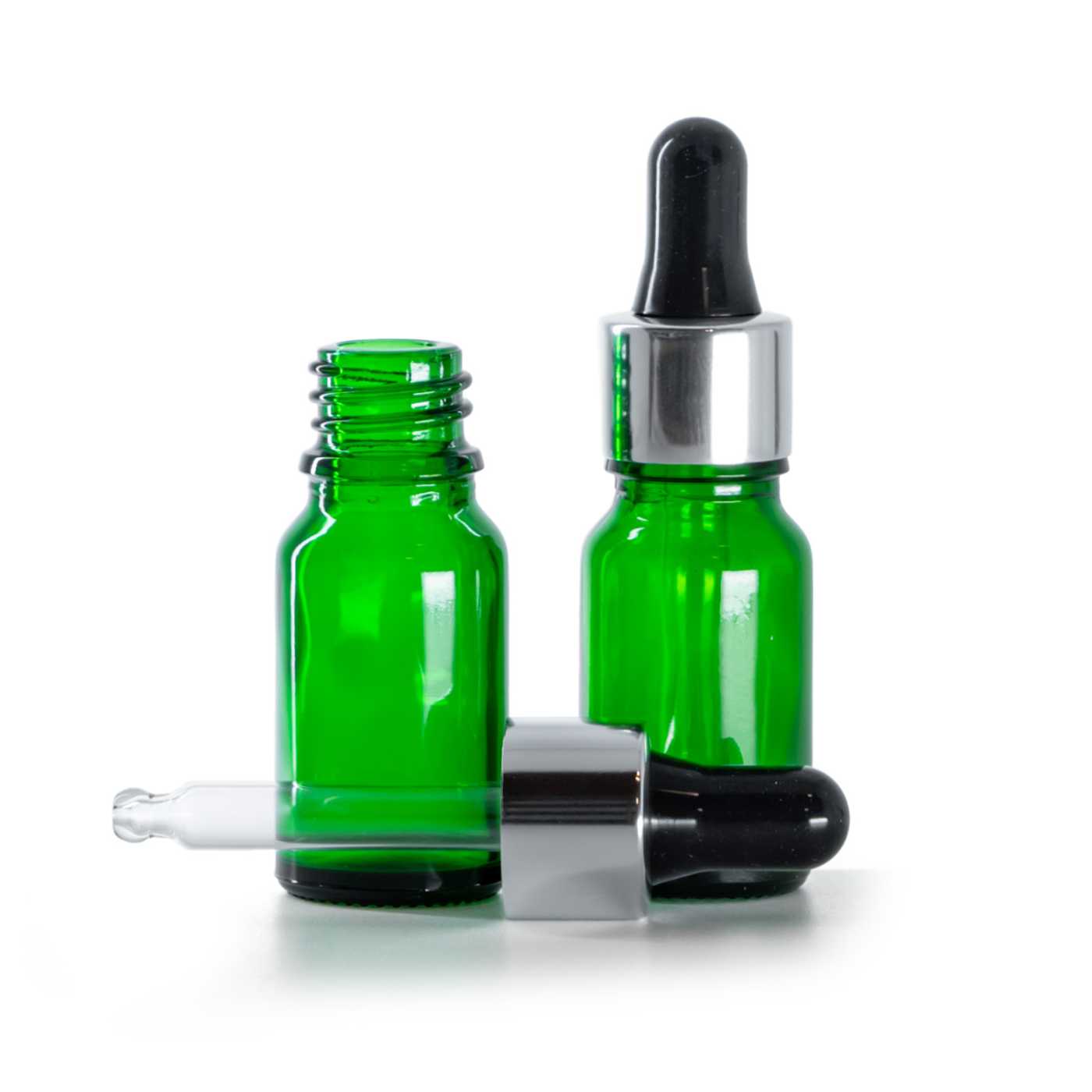 Zöld üvegpalack fekete-ezüst pipettával, 10 ml
