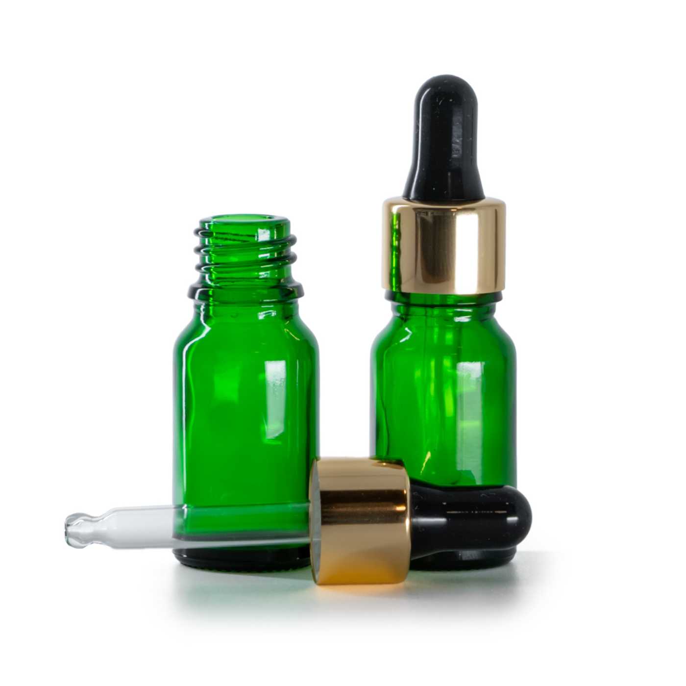 Flacon en verre vert, compte-gouttes noir et or, 10 ml