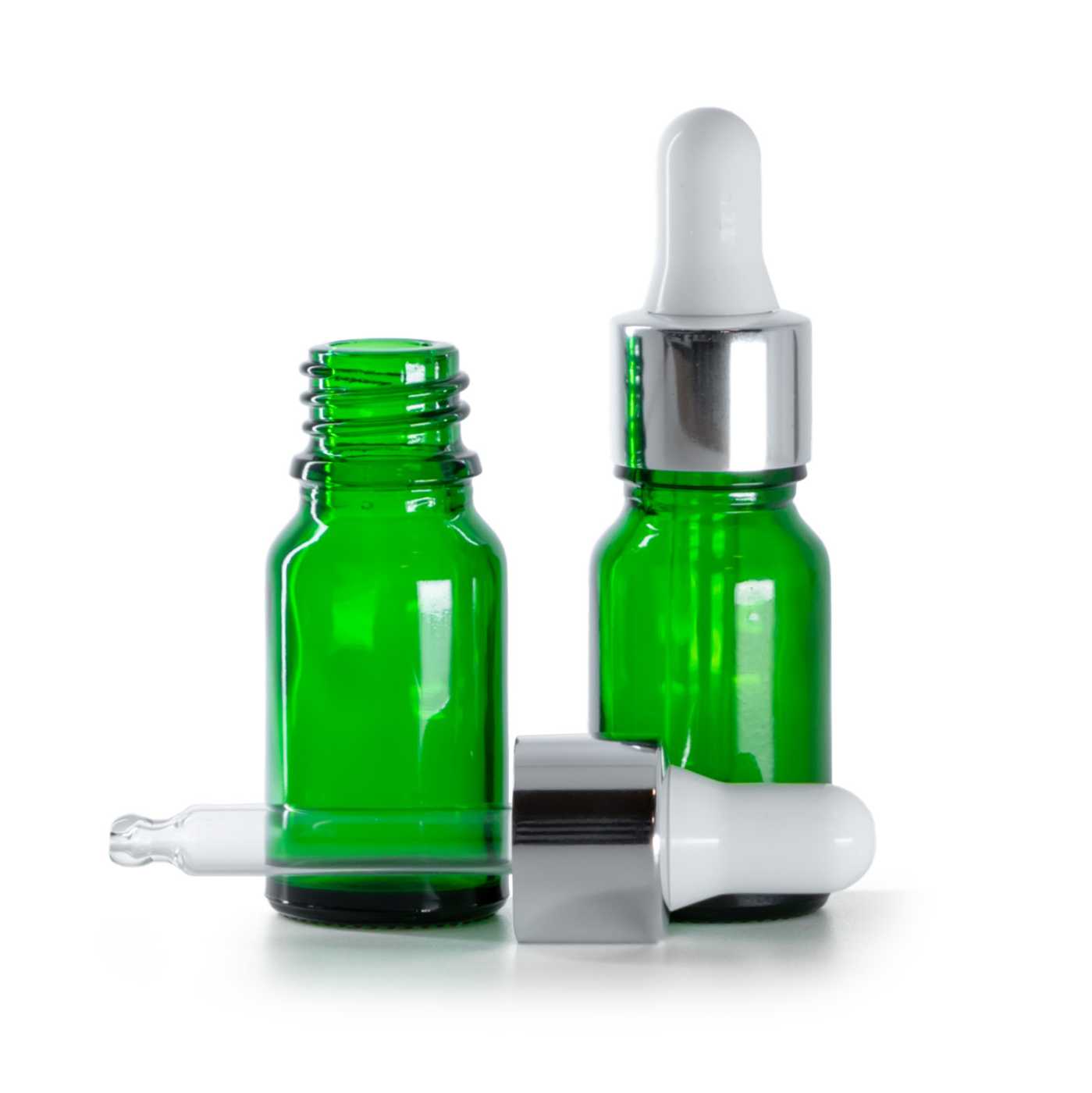 Zöld üvegpalack fényes ezüst pipettával, 10 ml