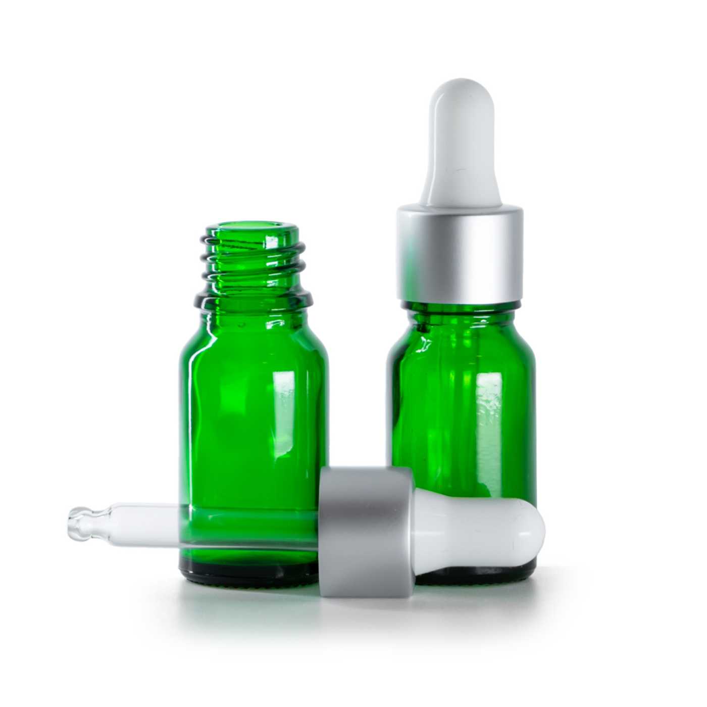 Zöld üvegpalack matt ezüst pipettás kupakkal, 10 ml