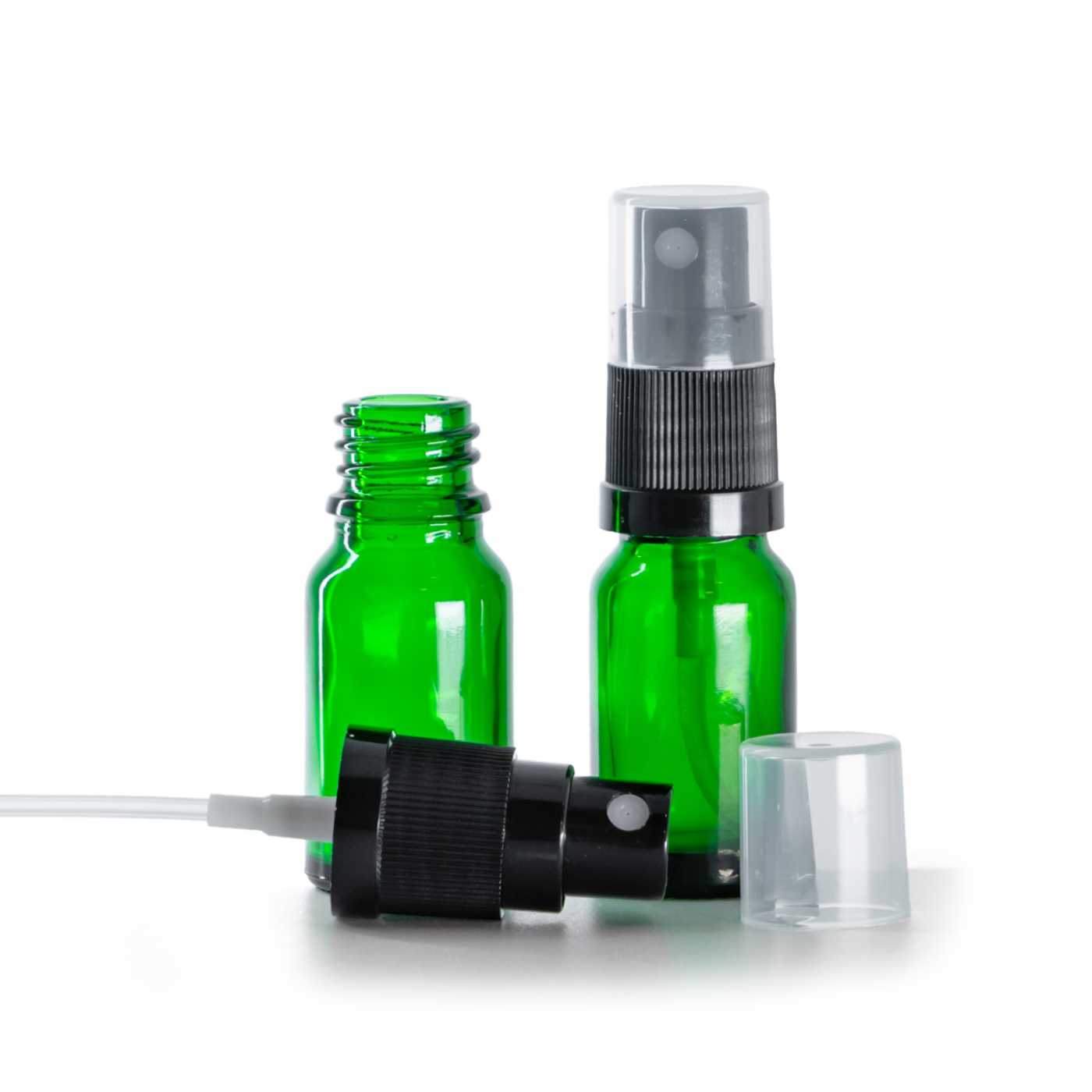 Zöld üvegpalack, fekete permetezőfej, 10 ml