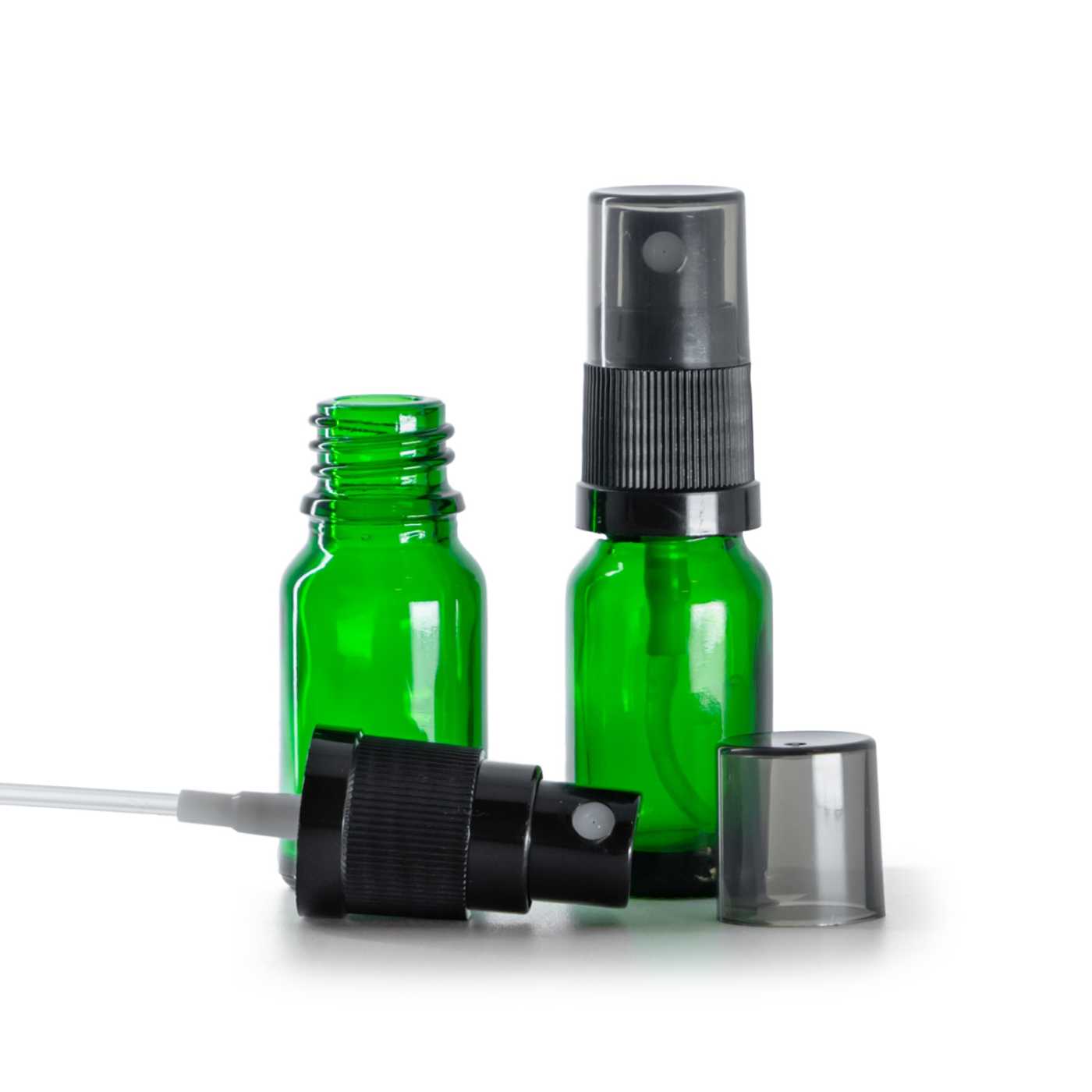 Butelka szklana zielona, czarny atomizer, kapturek dymny, 10 ml