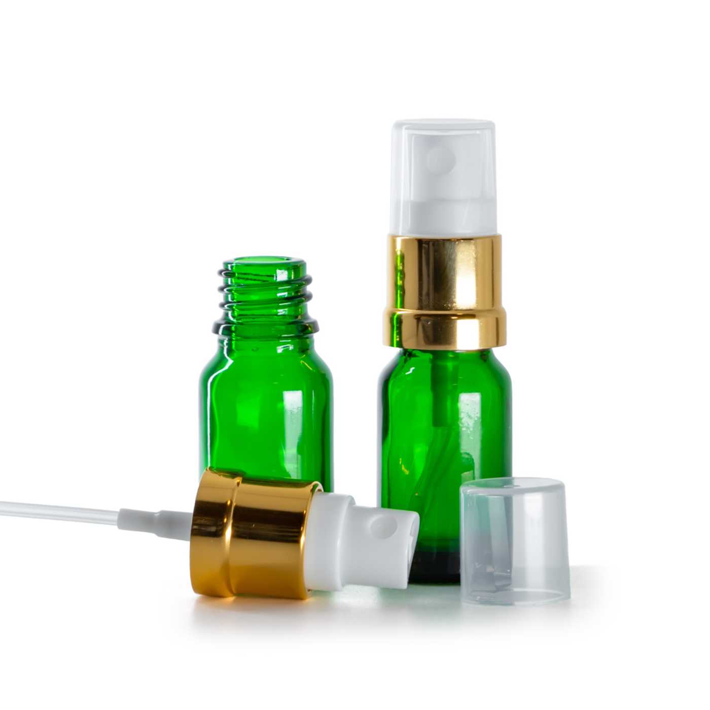 Zöld üvegpalack, fehér-arany permetezőfej, 10 ml