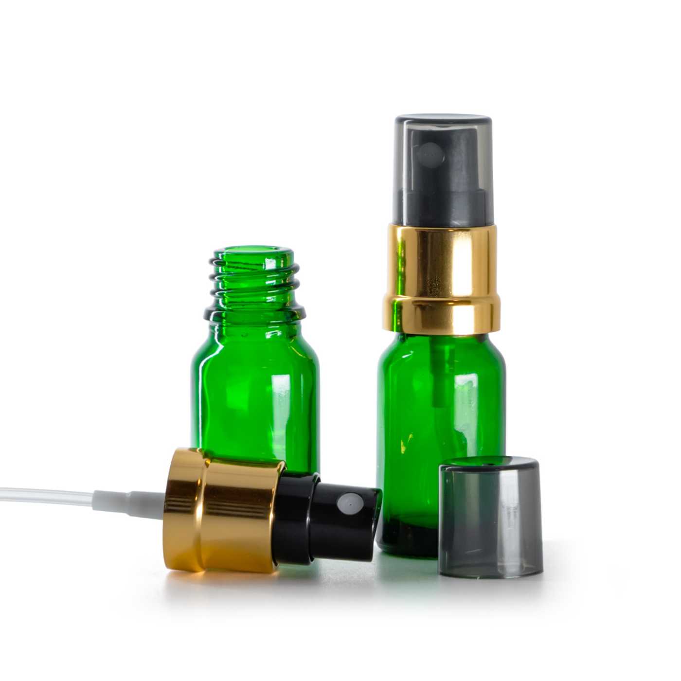Zöld üvegcse, fekete-arany szórófej, füstös felső kupak, 10 ml