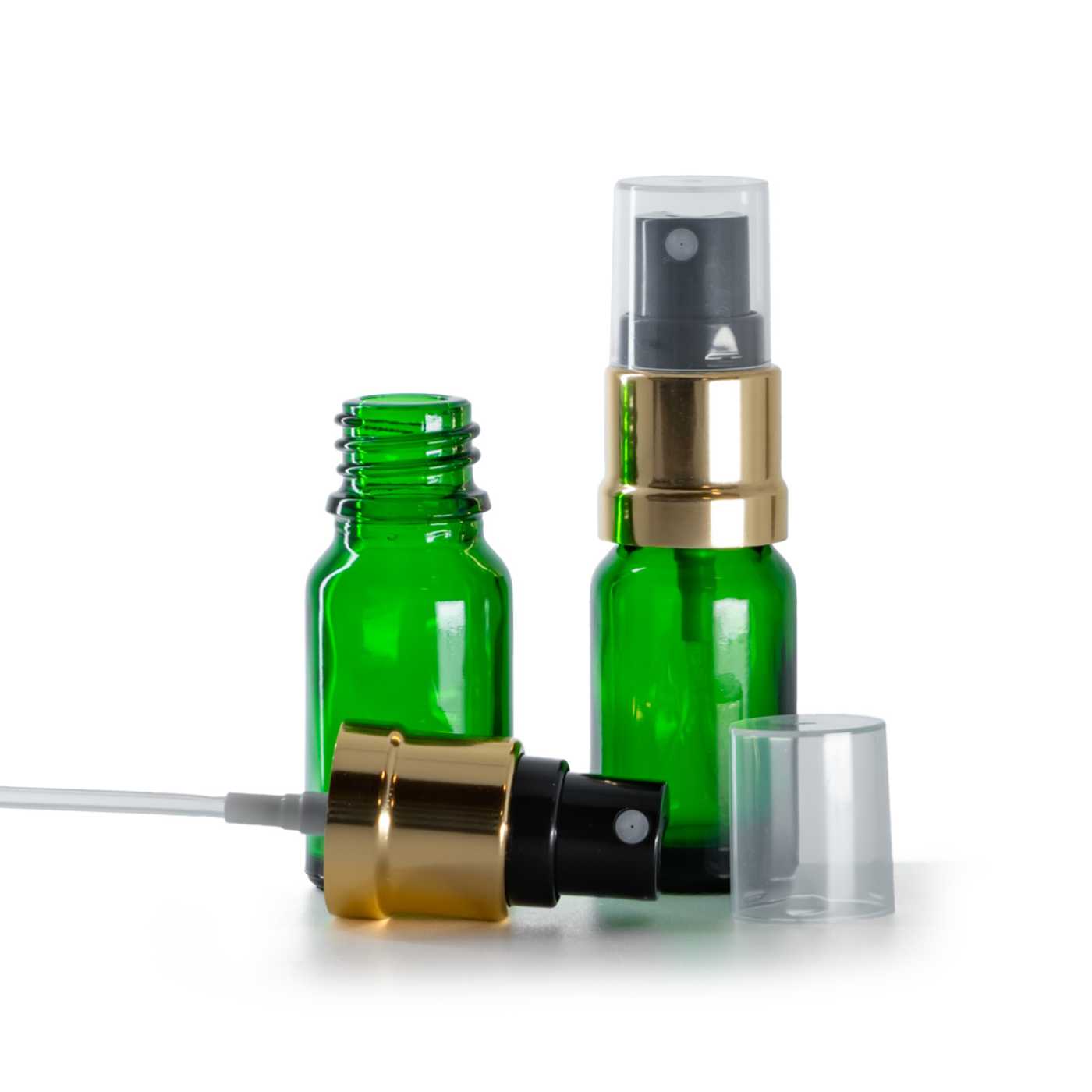 Flacon en verre vert, pompe spray noire avec bague or brillant, 10 ml