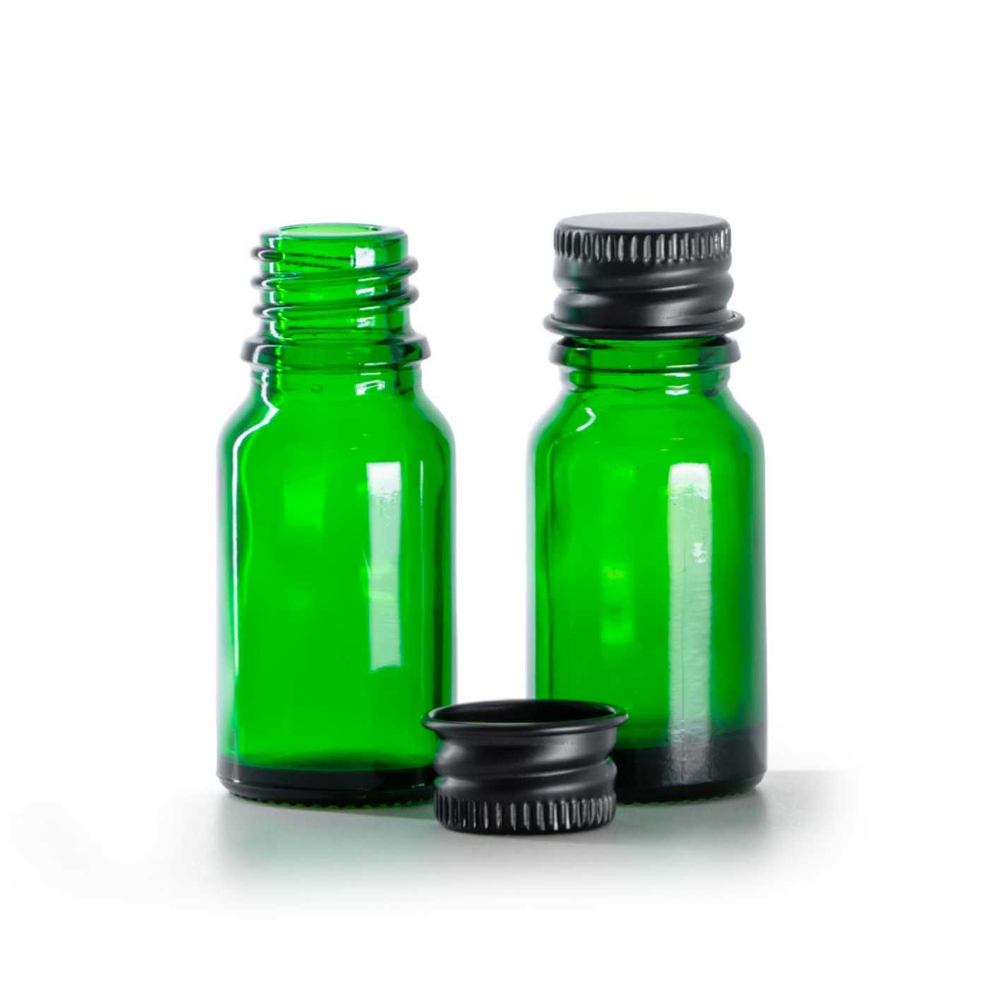 Zöld üvegpalack, fekete alumínium kupak, 10 ml