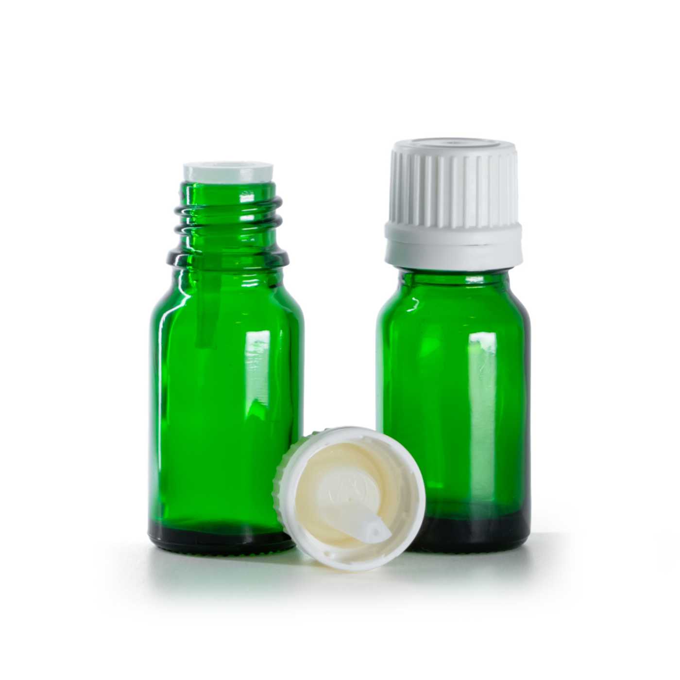Zöld üvegcse, fehér cseppentős kupak, 10 ml
