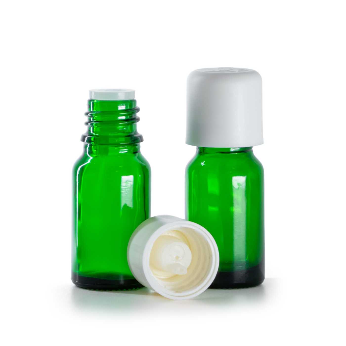 Zöld üvegpalack, fehér biztonsági kupak cseppentőbetéttel, 10 ml