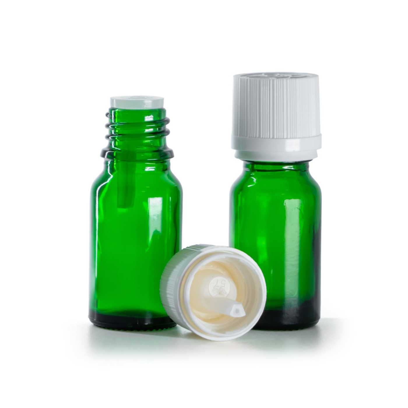 Zöld üvegpalack, fehér garanciazáras cseppentős kupak, 10 ml