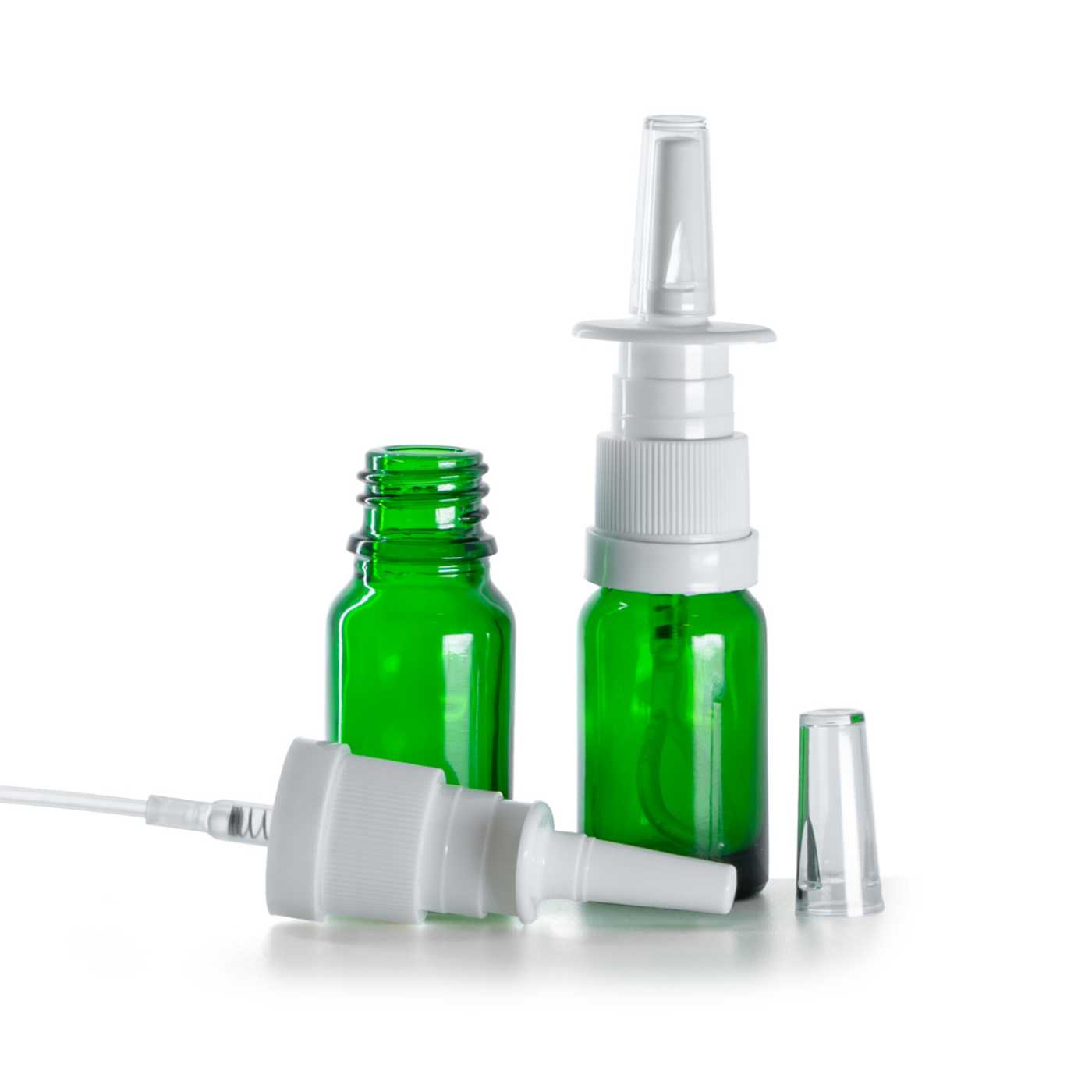 Zöld üvegpalack, orrspray-fej, 10 ml