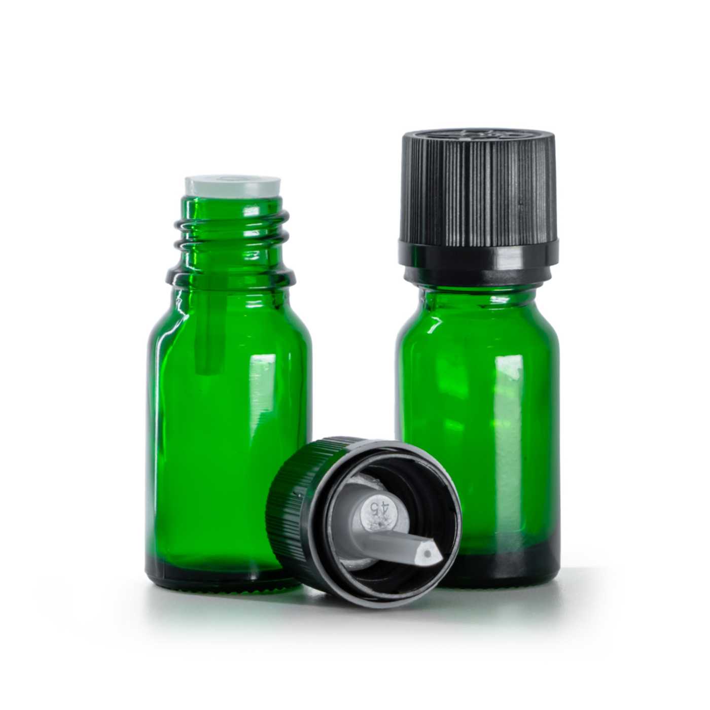 Flacon en verre vert, bouchon noir strié avec sécurité, 10 ml