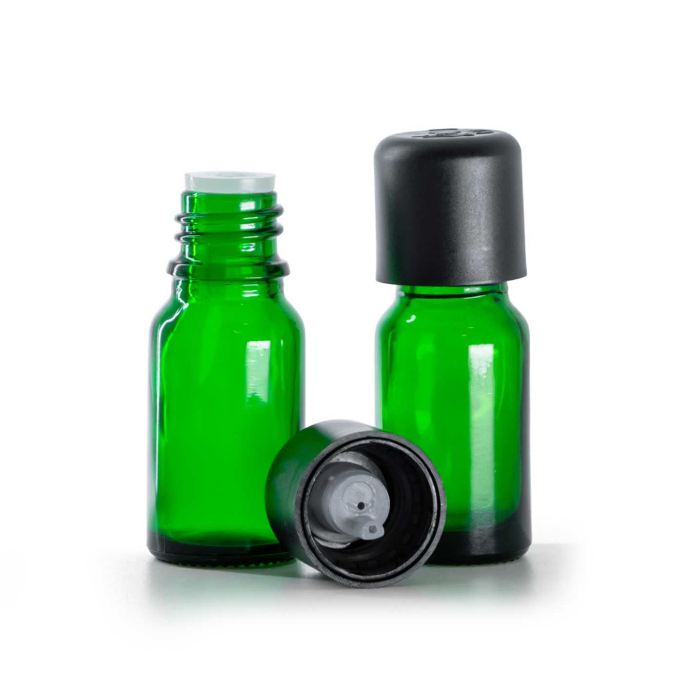 Zöld üvegpalack, fekete garanciazár cseppentőbetéttel, 10 ml